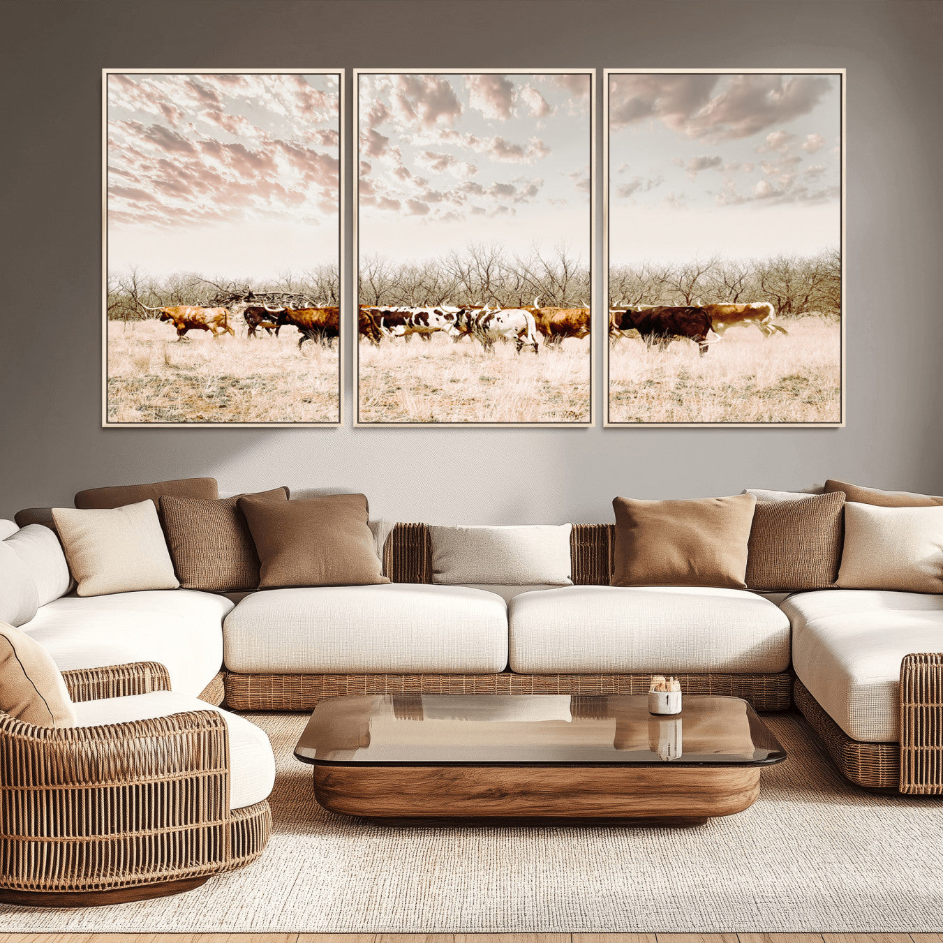 -Longhorn Cattle Wall Art Canvas Print, Framed Texas Ranch Art Picture Print, Western Cow Perfect