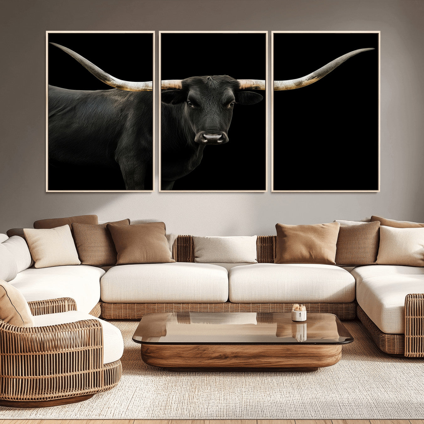 99448328-MGV-CV-36X24-Longhorn Cattle Wall Art Canvas Print – Framed Texas Ranch Scene with Western Cow Artwork for Home, Office, Living Room