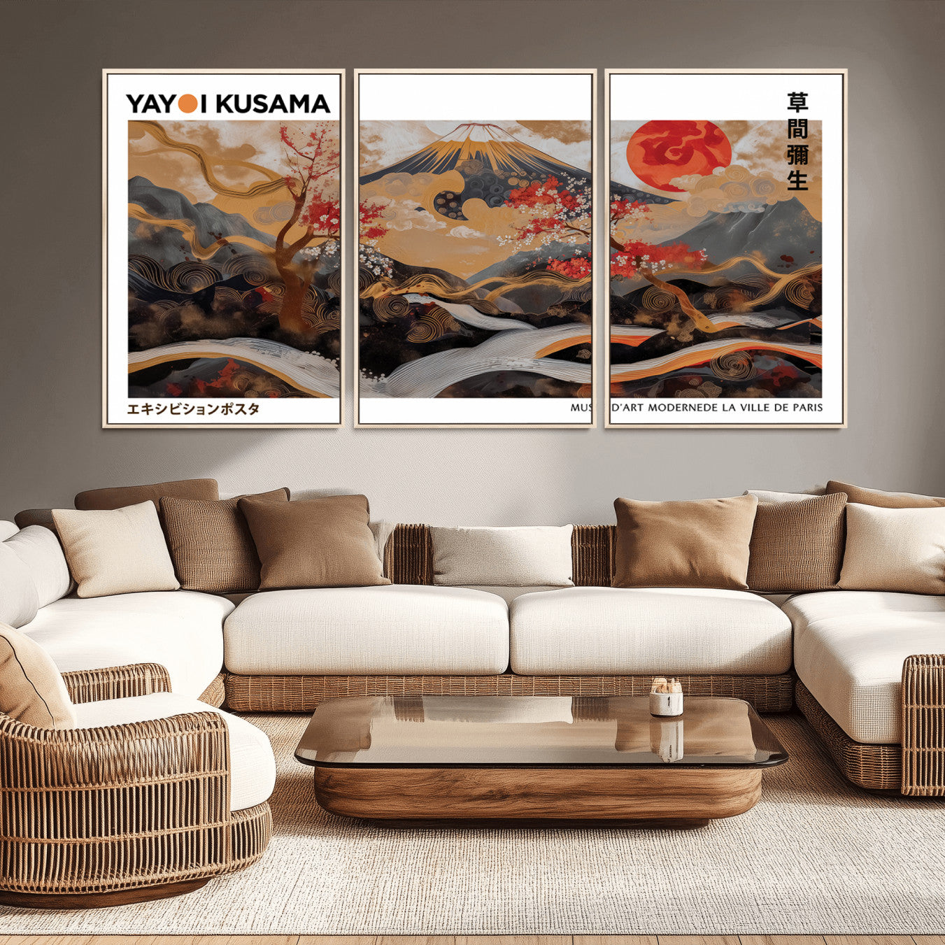 40959107-MGV-CV-36X24-Modern Japanese Wall Art Canvas Print – Framed Abstract Mount Fuji Scene Inspired Yayoi Kusama for Home, Office