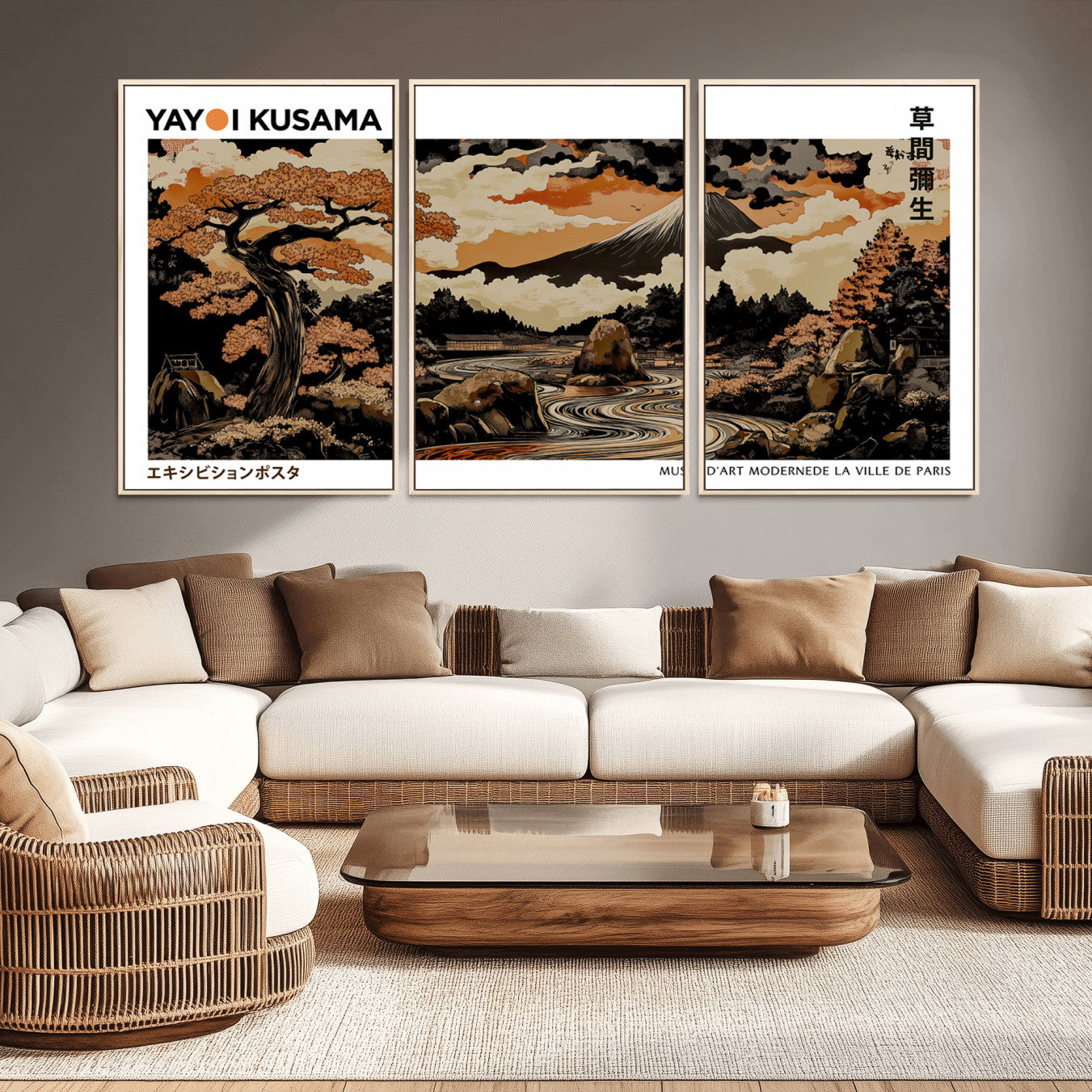 96372548-MGV-CV-36X24-Modern Japanese Wall Art Canvas Print – Framed Abstract Mount Fuji Scene with Yayoi Kusama Style Artwork for Home, Office