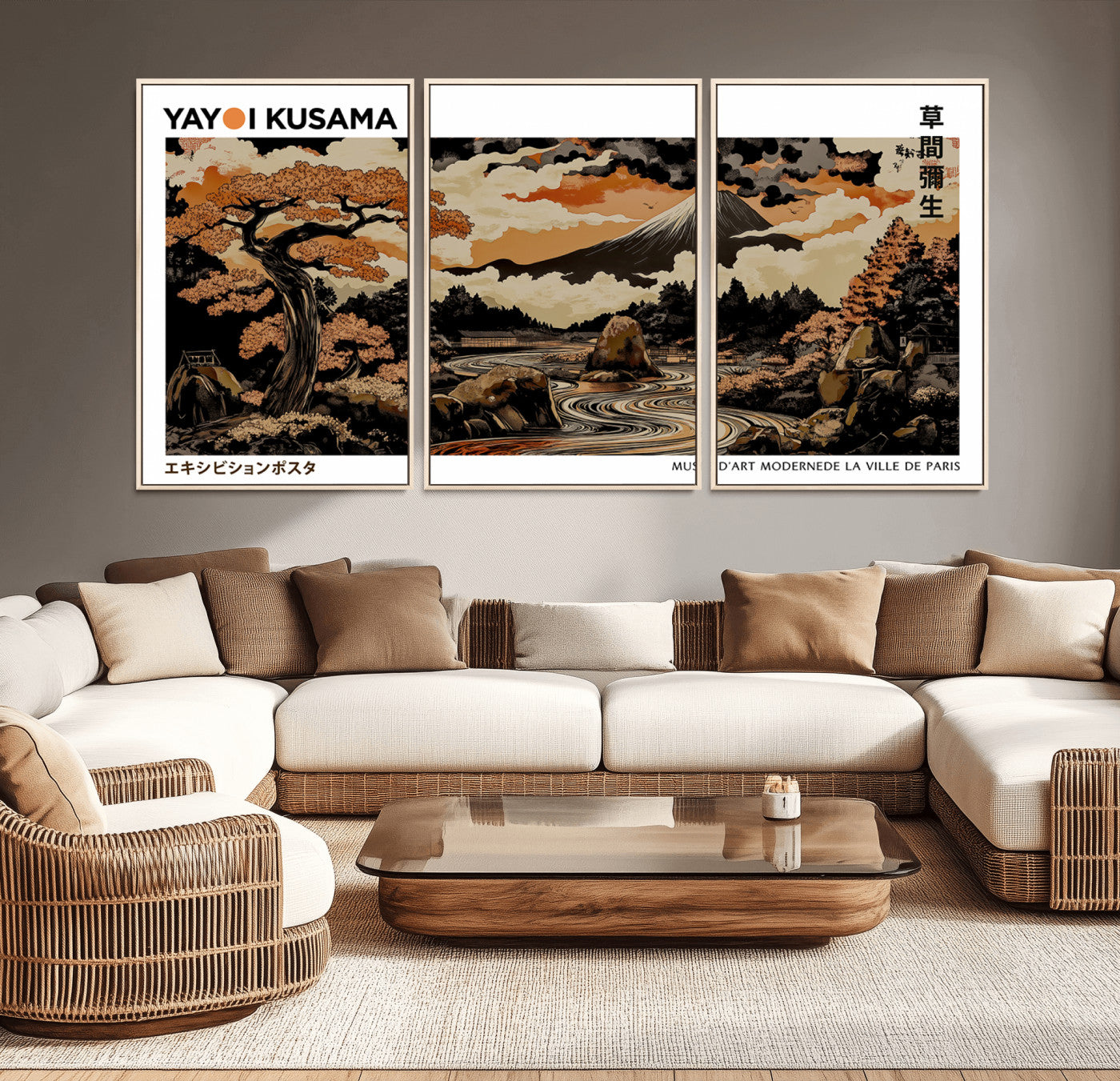 96372548-MGV-CV-36X24-Modern Japanese Wall Art Canvas Print – Framed Abstract Mount Fuji Scene with Yayoi Kusama Style Artwork for Home, Office