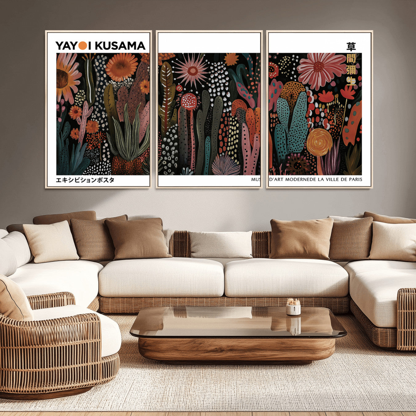 70632622-MGV-CV-36X24-Modern Japanese Wall Art Canvas Print – Framed Abstract Mount Fuji Scene with Yayoi Kusama Artwork for Home, Office