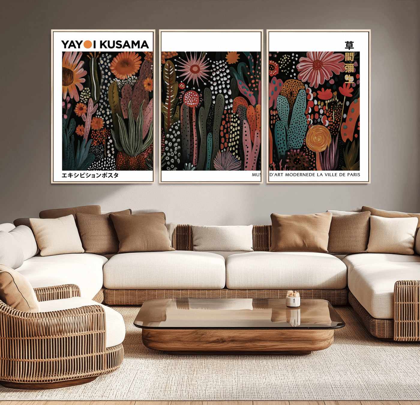 70632622-MGV-CV-36X24-Modern Japanese Wall Art Canvas Print – Framed Abstract Mount Fuji Scene with Yayoi Kusama Artwork for Home, Office