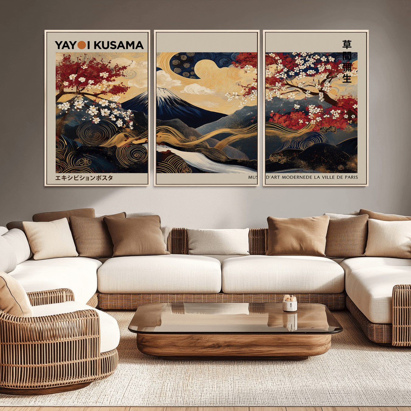54967195-MGV-CV-36X24-Modern Japanese Wall Art Canvas Print – Framed Abstract Mount Fuji Scene with Yayoi Kusama Japanese Artwork for Home, Office