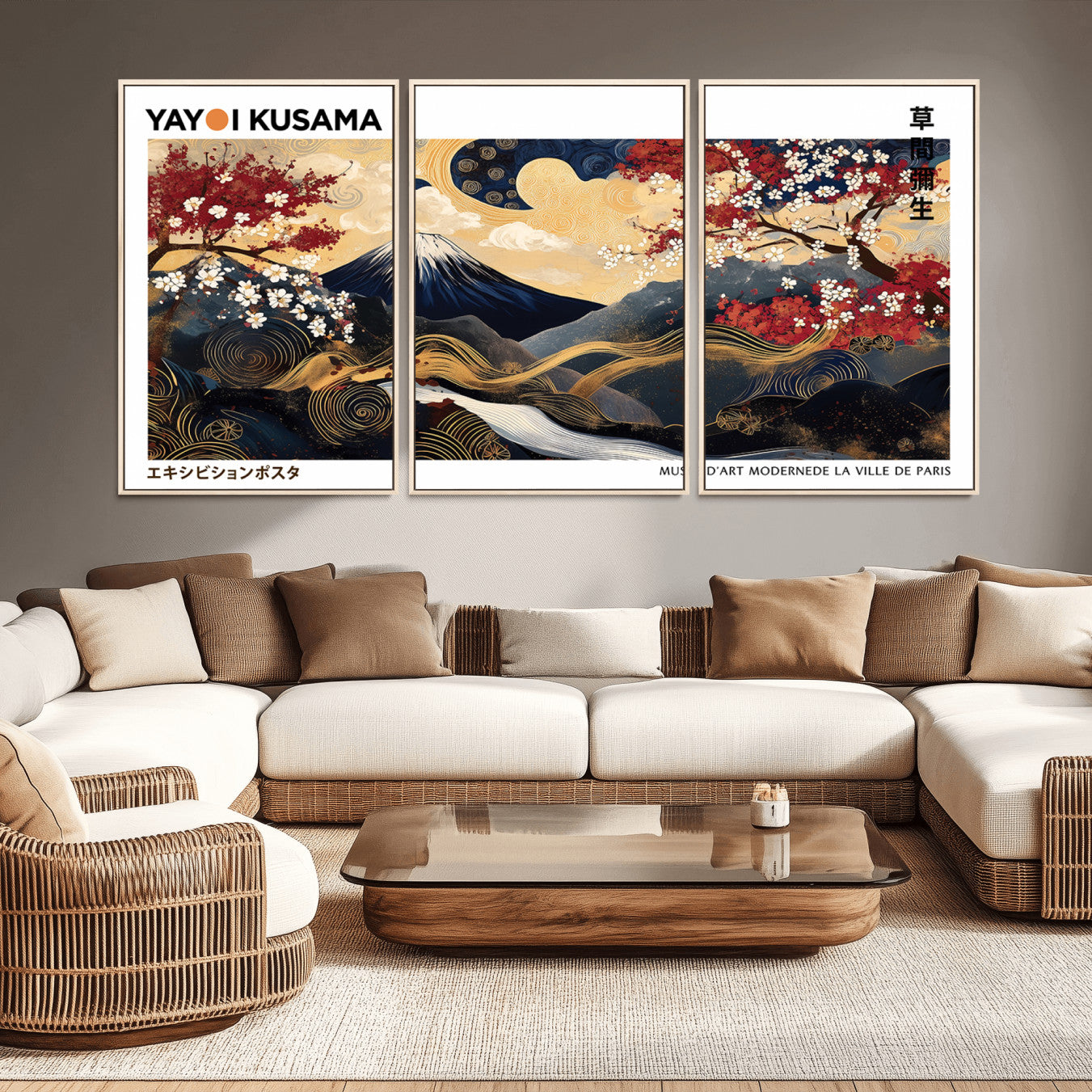 66243961-MGV-CV-36X24-Modern Mount Fuji Wall Art Canvas Print – Framed Abstract Mount Fuji Scene with Yayoi Kusama Artwork for Home, Office