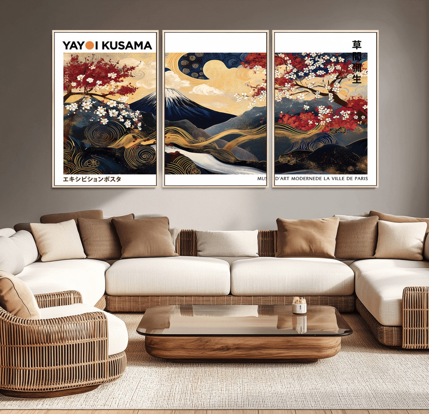66243961-MGV-CV-36X24-Modern Mount Fuji Wall Art Canvas Print – Framed Abstract Mount Fuji Scene with Yayoi Kusama Artwork for Home, Office