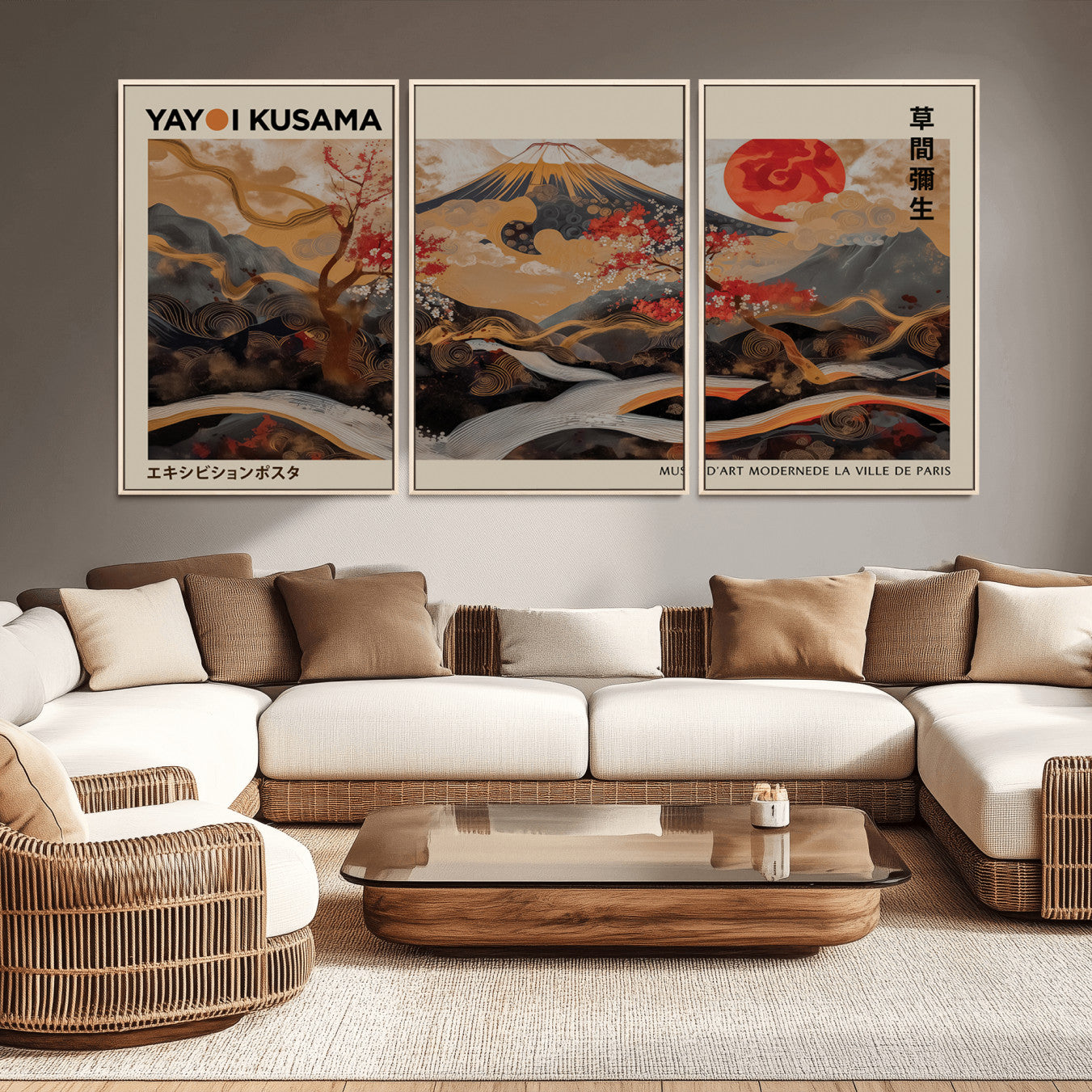 77970791-MGV-CV-36X24-Modern Japanese Wall Art Canvas Print – Framed Abstract Mount Fuji Scene with Yayoi Kusama Artwork for Home, Office