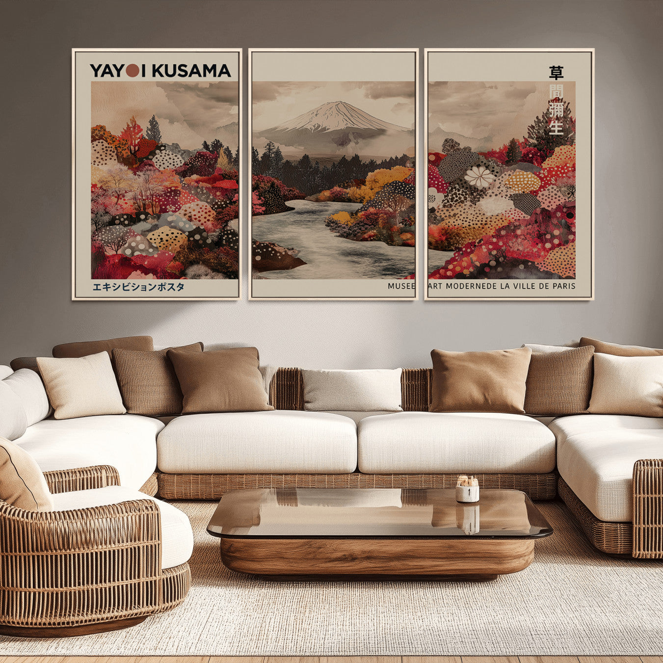 -Modern Japanese Wall Art Print Yayoi Kusama Canvas Wall Art Abstract Mount Fuji Canvas Print