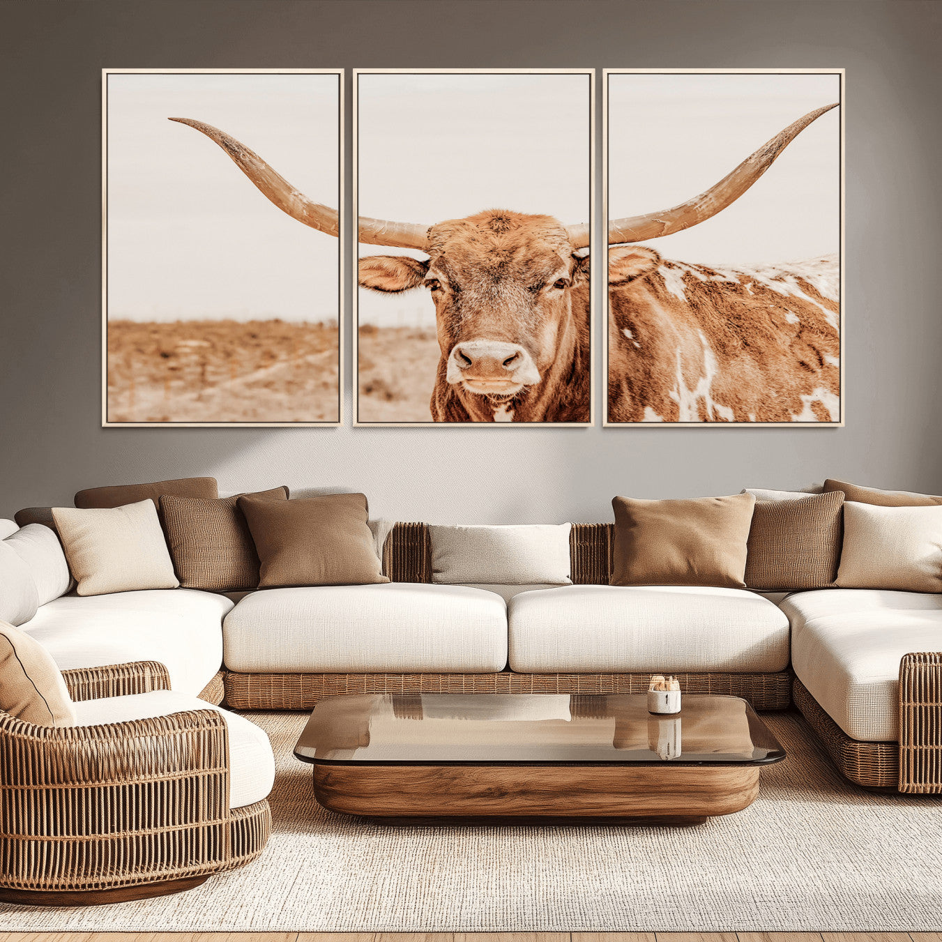 -Longhorn Bull Wall Art Canvas Print, Framed Western Cow Art Picture Print, Rustic Farmhouse Perfect Neutral Farmhouse Decor Artwork