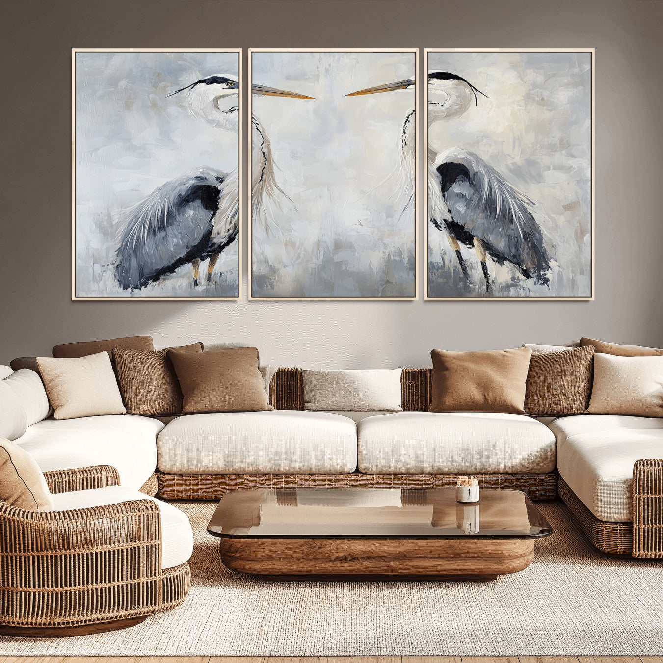 90806932-MGV-FC-60X30-3P_Natural-Heron Wall Art Canvas Print – Framed Bird Nature Inspired Coastal Minimalist Wildlife Artwork for Home Office