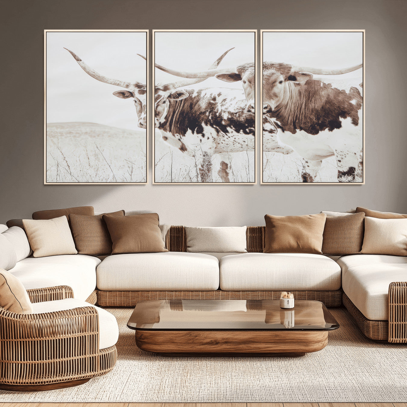 44871787-MGV-FC-60X30-3P_Natural-Longhorn Wall Art Wall Art Canvas Print, Framed Western Cow Canvas Art Picture Print, Rustic Farm Decor Perfect Rustic Farmhouse Decor Artwork