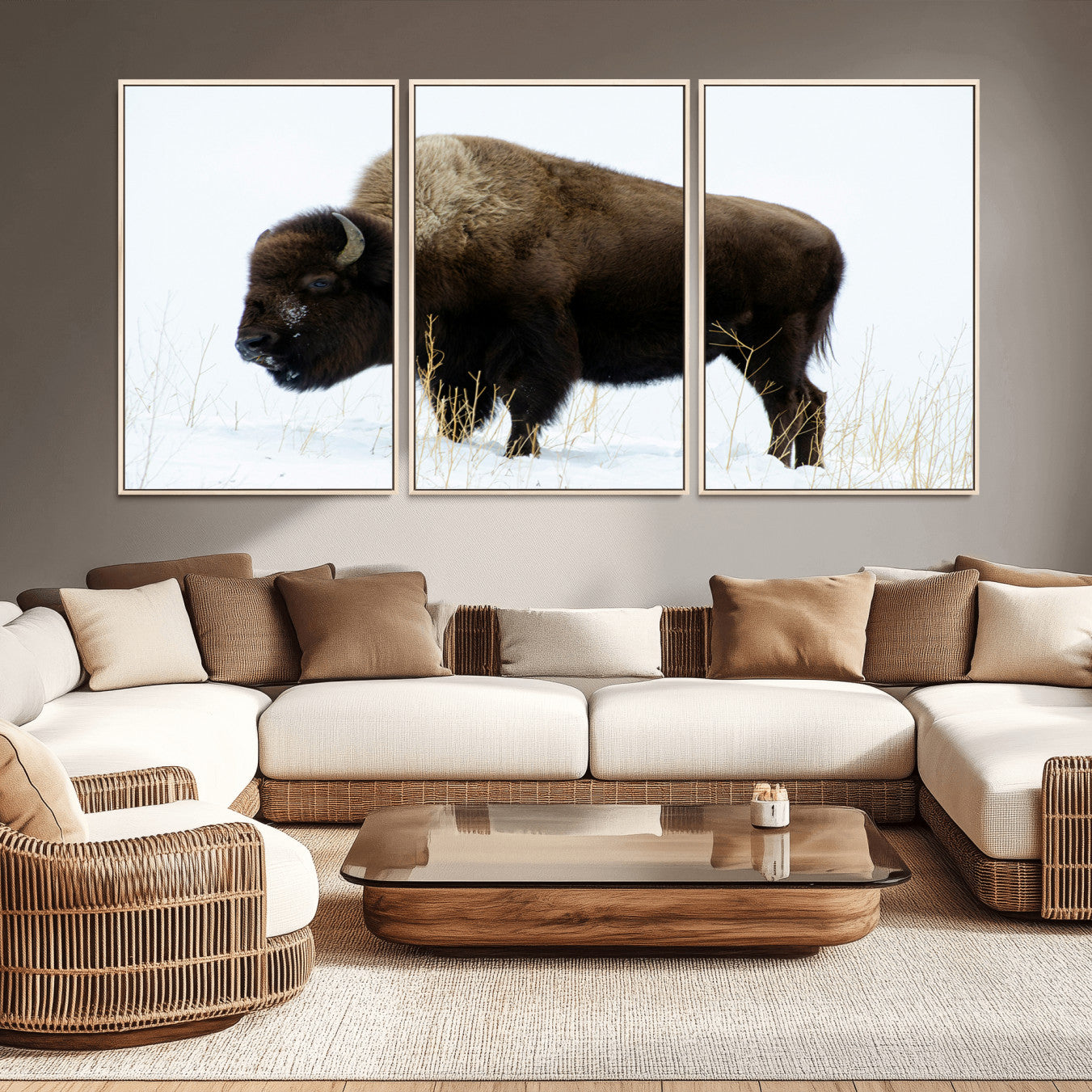 -Bison Wall Art Canvas Print – Framed Western Wildlife Buffalo Snow Rustic Nature Scene Artwork for Home Office