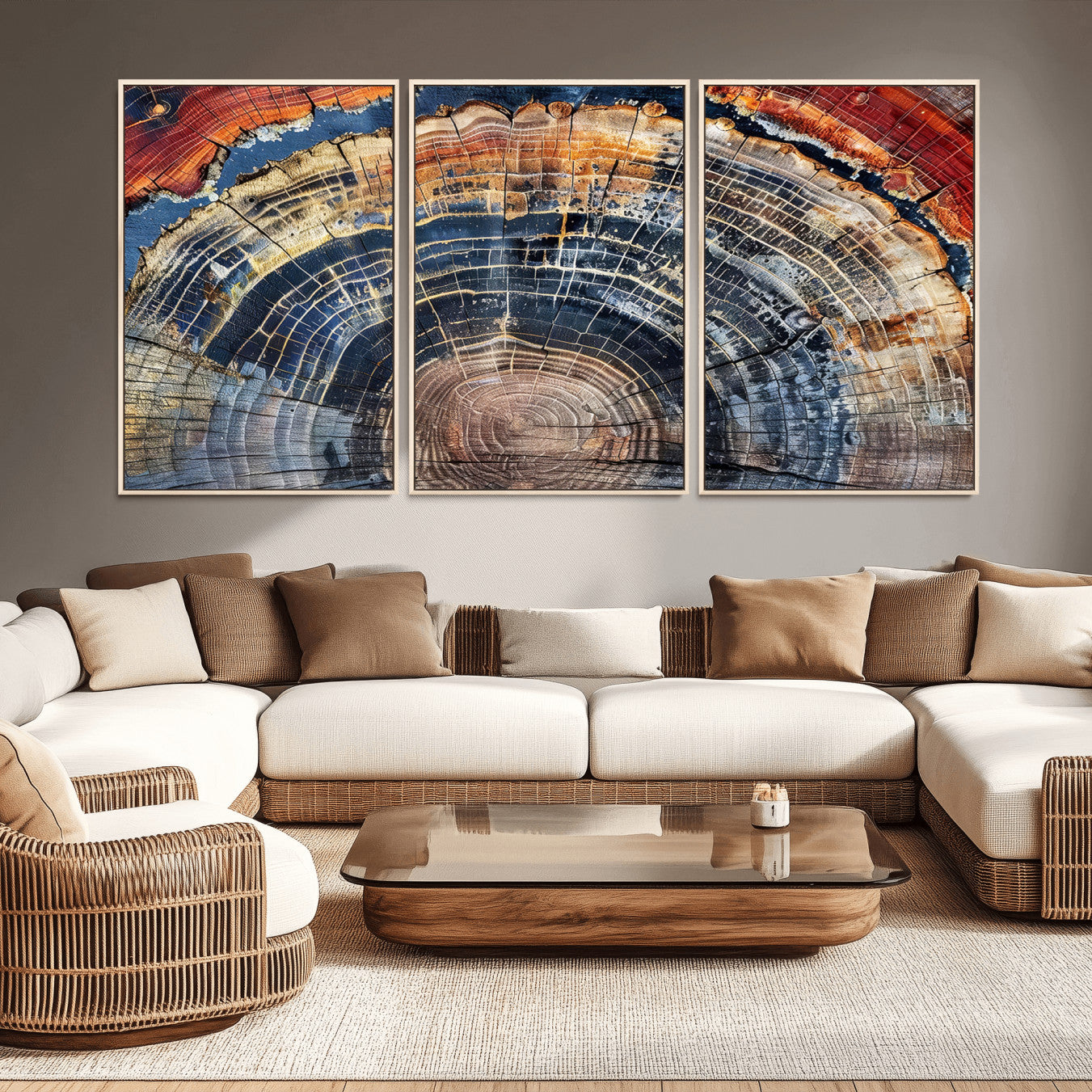 60292921-MGV-FC-60X30-3P - Vintage Tree Rings Wall Art Canvas Print – Framed Wood Art Picture Petrified Wood Artwork for Home, Office, Living Room