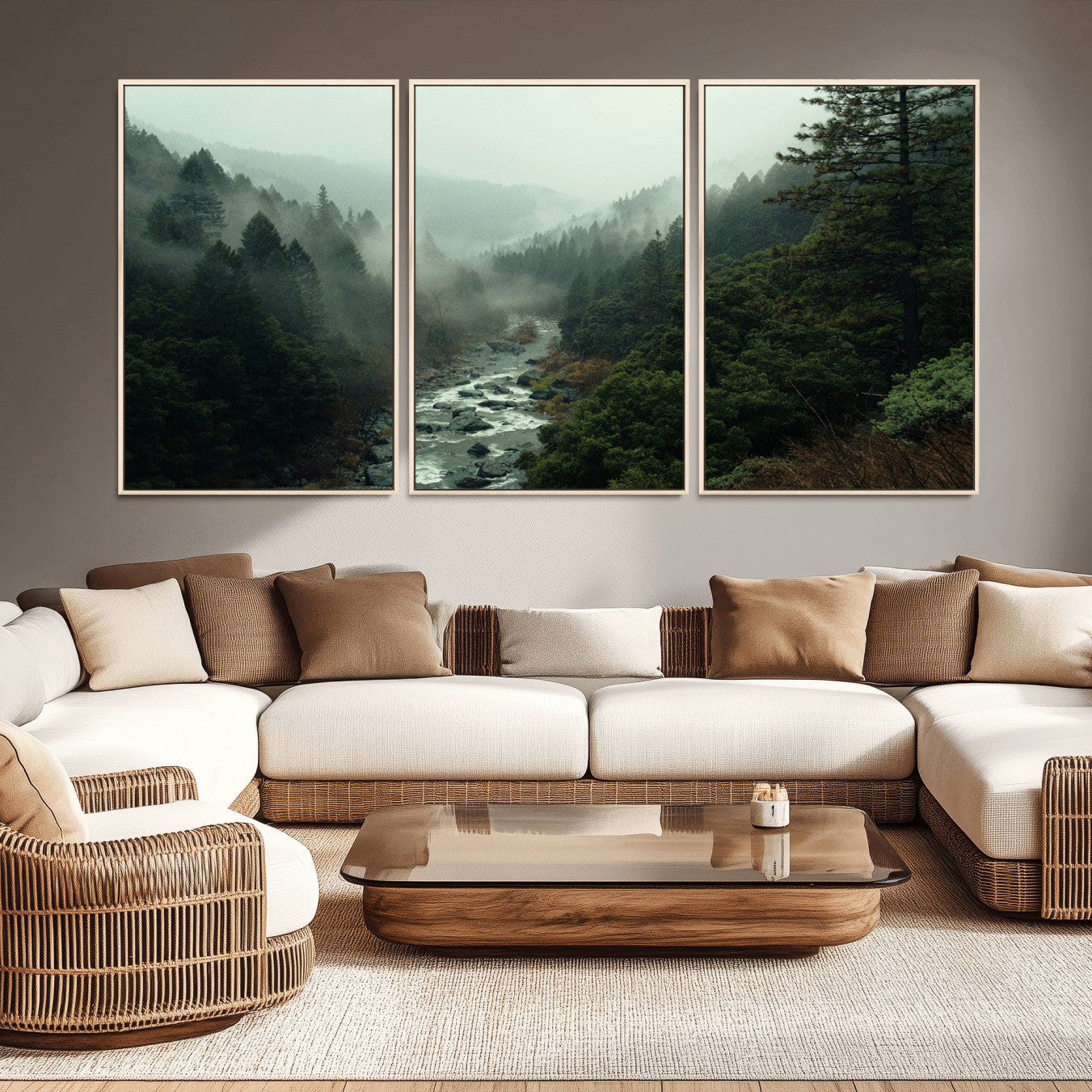 48497565-MGV-CV-36X24-Misty Forest Wall Art Canvas Print – Framed Foggy River Moody Landscape Wilderness Nature Scene Artwork for Home Office