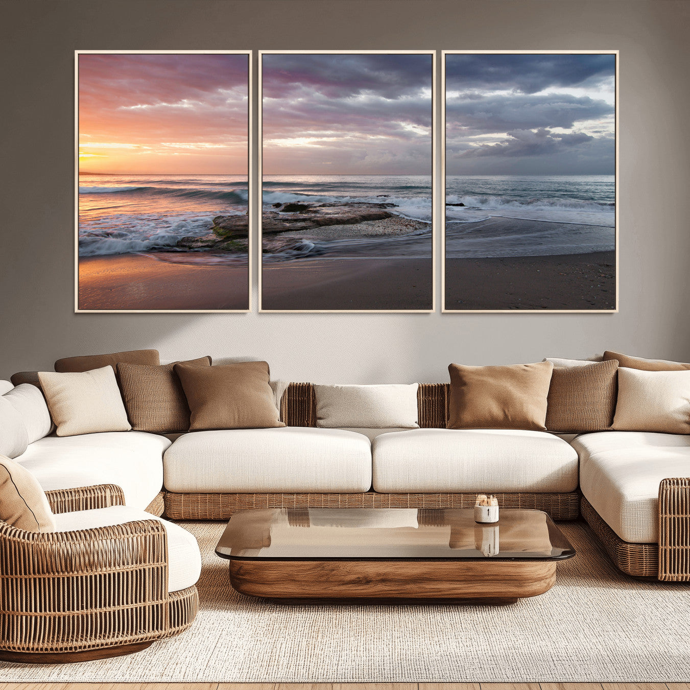 -Golden Hour Wall Art Canvas Print – Framed Tranquil Waves Beach Coastal Serenity Nature Scene Artwork for Home Office