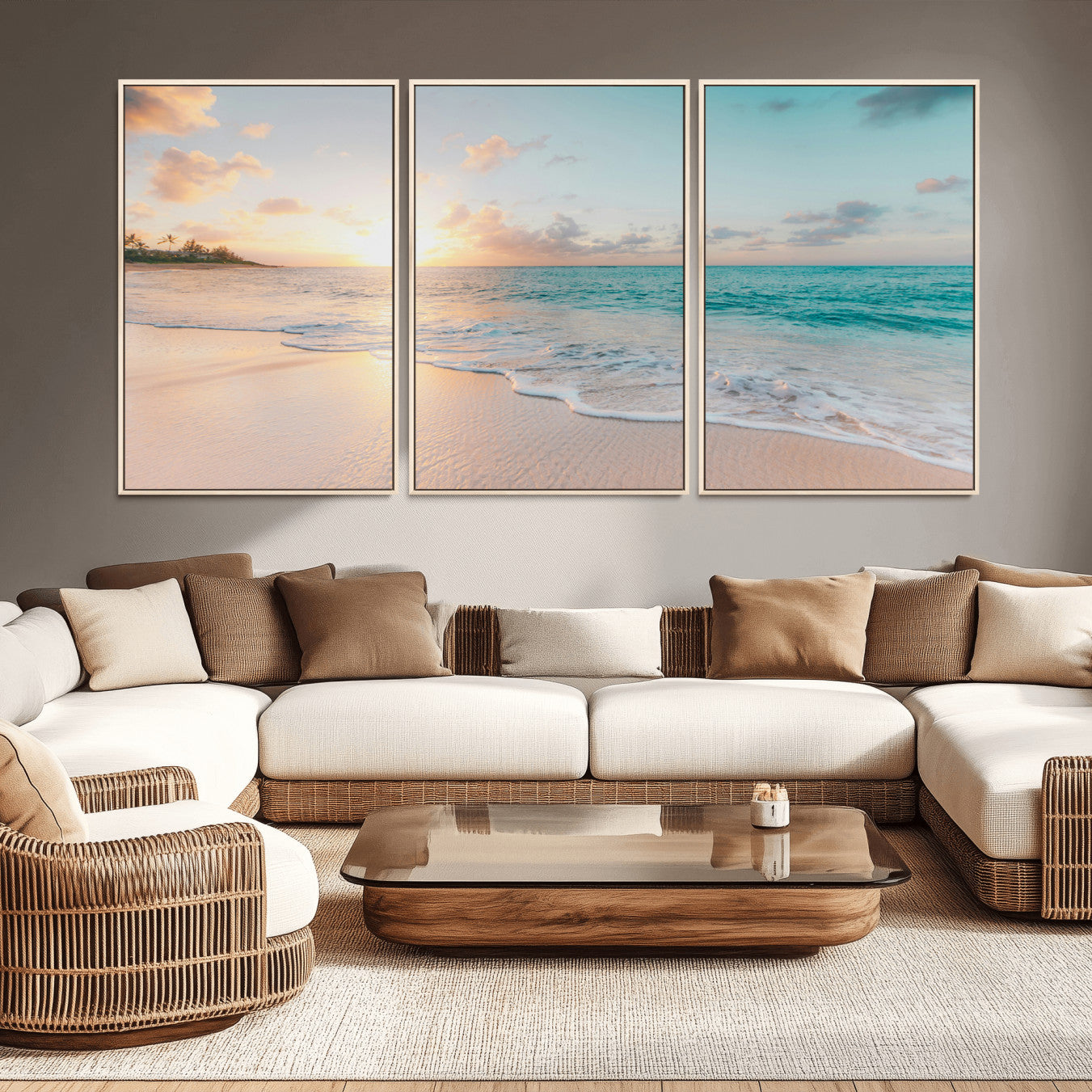-Beach Sunset Wall Art Canvas Print – Framed Ocean Waves Summer Escape Coastal Nature Scene Artwork for Home Office