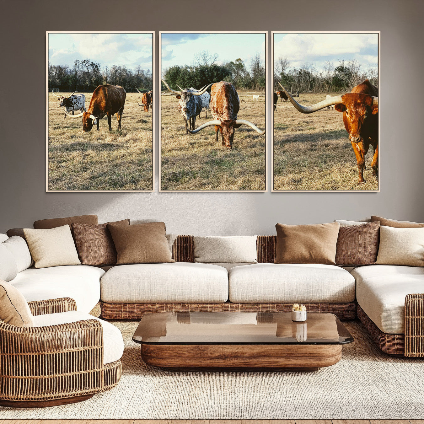 -Texas Longhorns Wall Art Canvas Print – Rustic Western Farm Scene Cattle Country Landscape Artwork for Home Office
