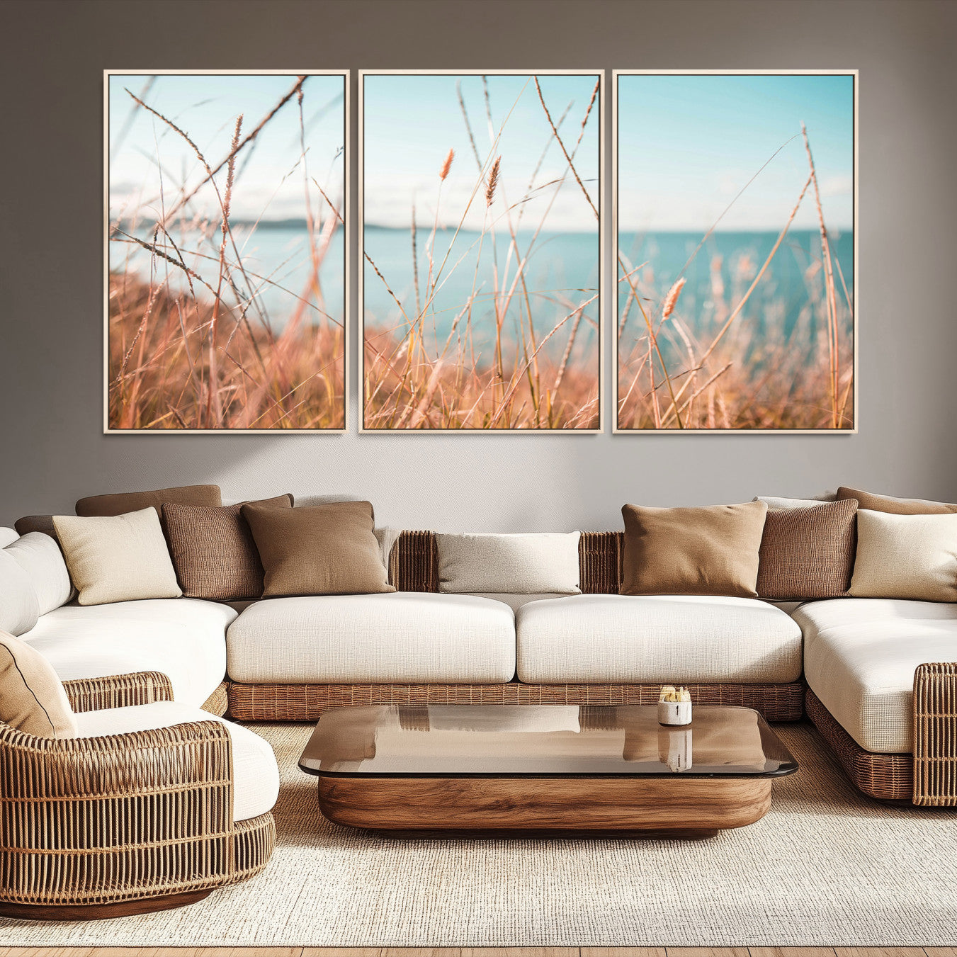 36108696-MGV-CV-36X24-Coastal Grass Landscape Wall Art Canvas Print – Golden Shoreline Nature Scene Serene Ocean View Artwork for Home Office
