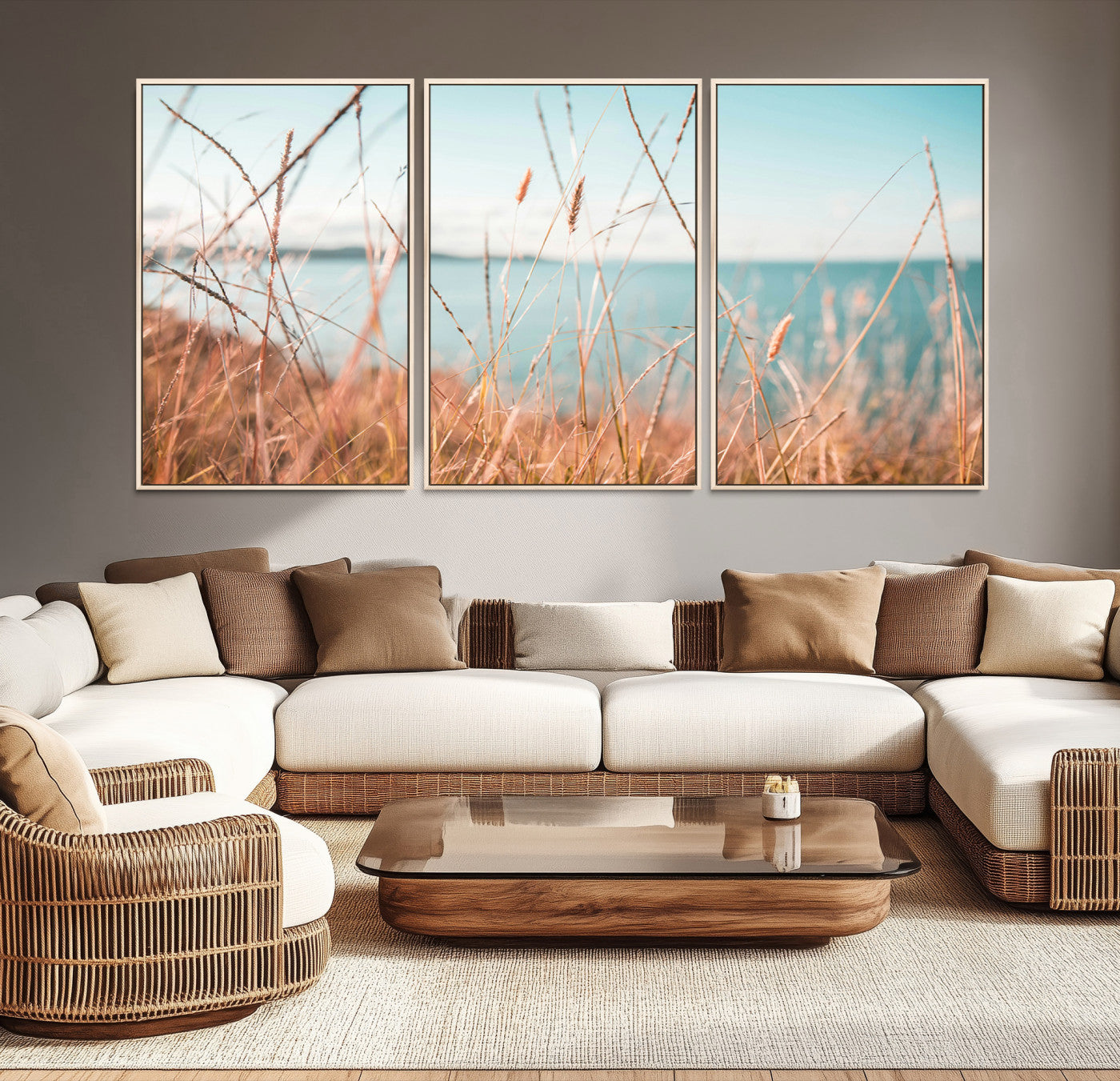 36108696-MGV-CV-36X24-Coastal Grass Landscape Wall Art Canvas Print – Golden Shoreline Nature Scene Serene Ocean View Artwork for Home Office
