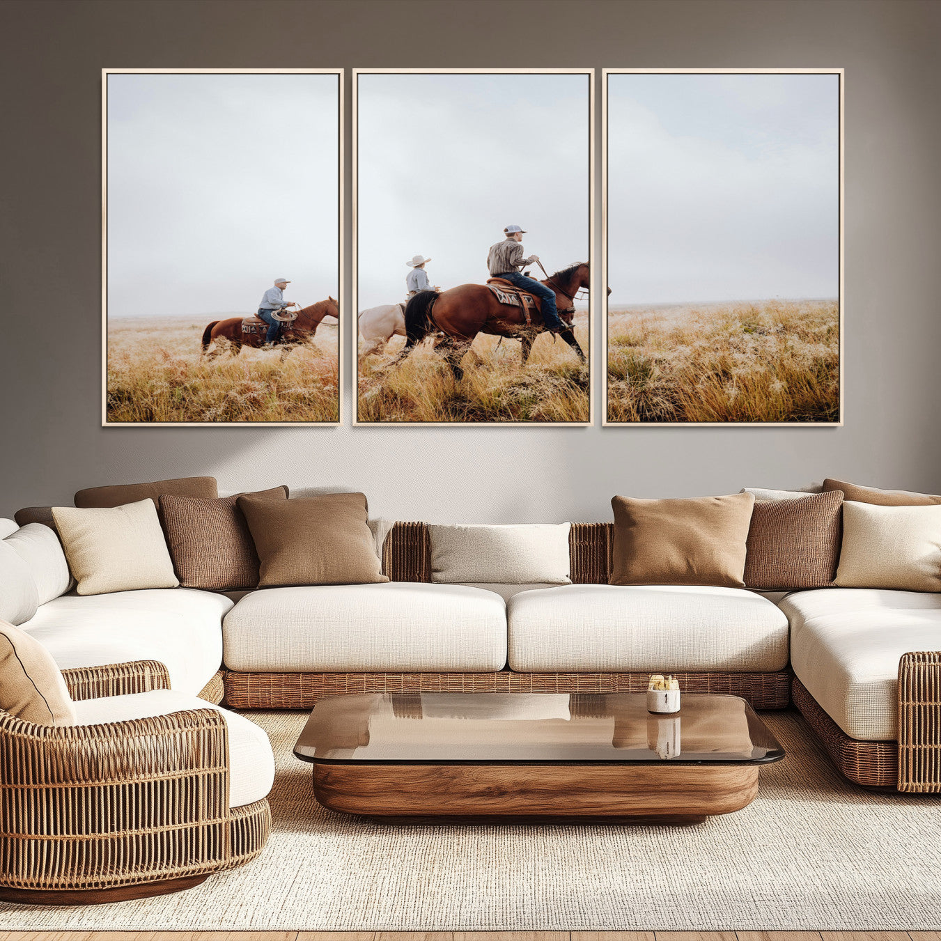 -Western Cowboys Wall Art Canvas Print – Rustic Prairie Horseback Riding Scene Country Landscape Artwork for Home Office