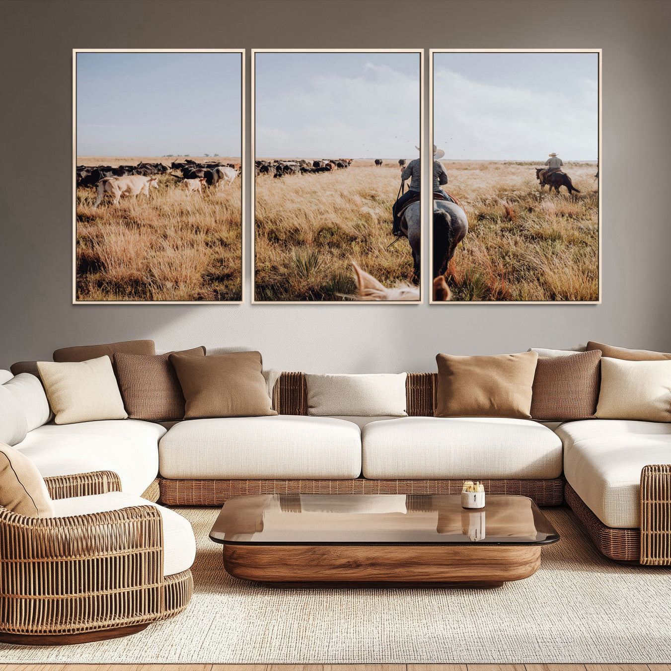 -Western Wall Art Canvas Print – Framed Cowboy Cattle Drive Scene Rustic Ranch Landscape Artwork for Home Office