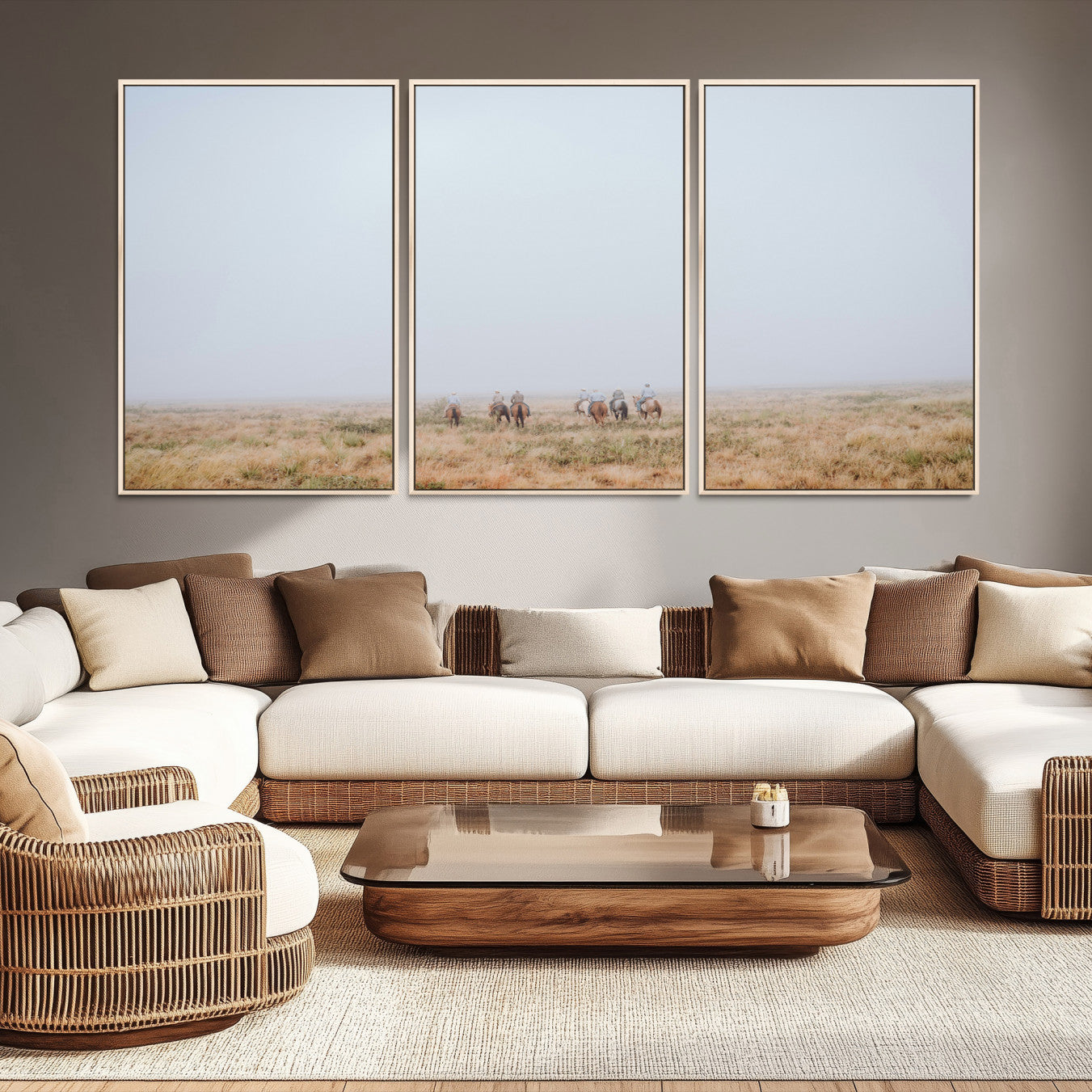 14761944-MGV-CV-36X24-Foggy Plains Wall Art Canvas Print – Framed Horseback Riders Rustic Western Landscape Scene Artwork for Home Office