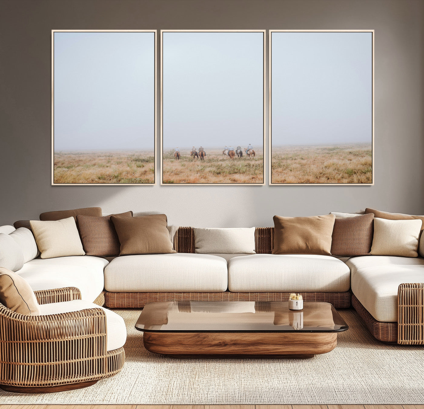 14761944-MGV-CV-36X24-Foggy Plains Wall Art Canvas Print – Framed Horseback Riders Rustic Western Landscape Scene Artwork for Home Office