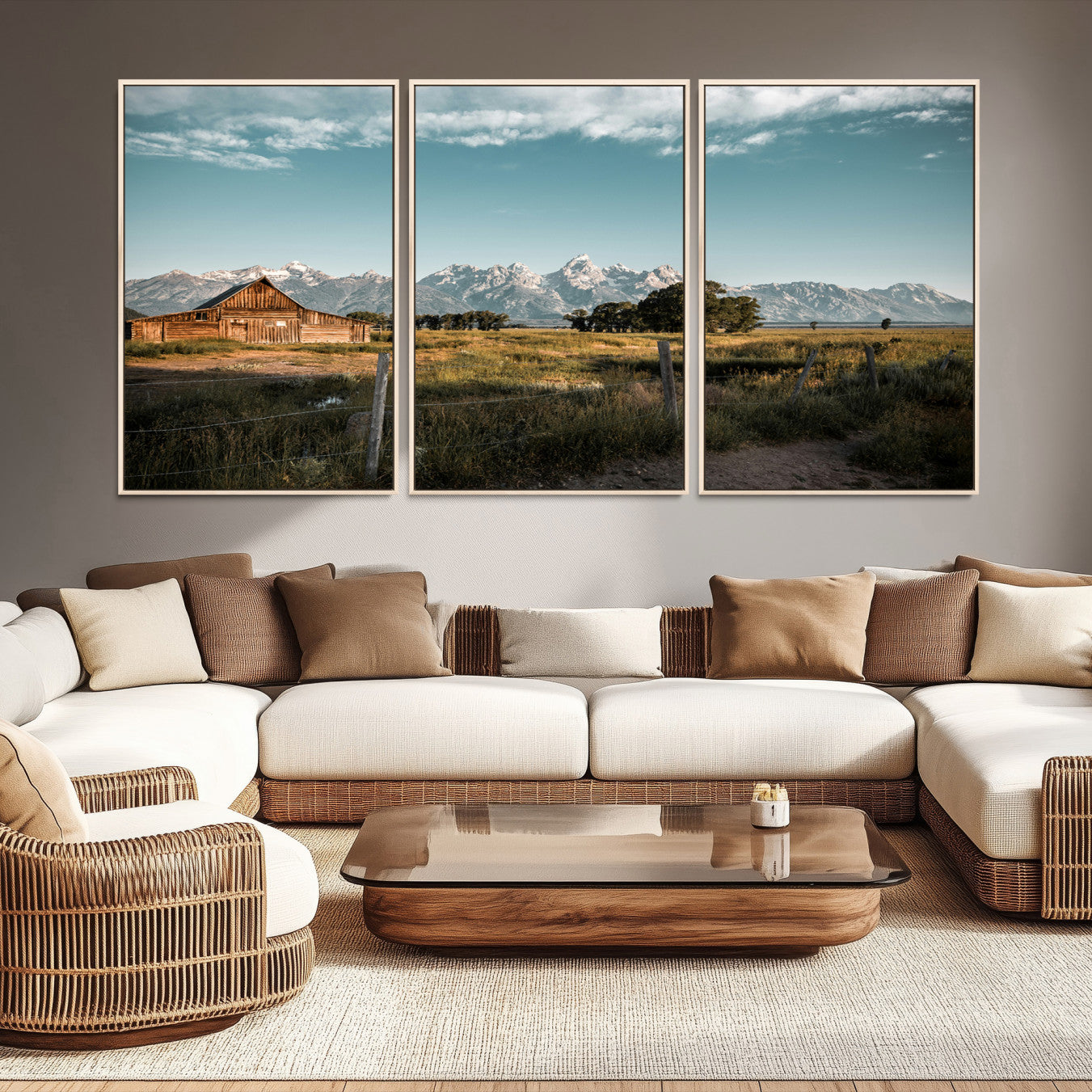 -Rustic Farmhouse Wall Art Canvas Print – Framed Mountain Cabin Western Landscape Scene Artwork for Home Office