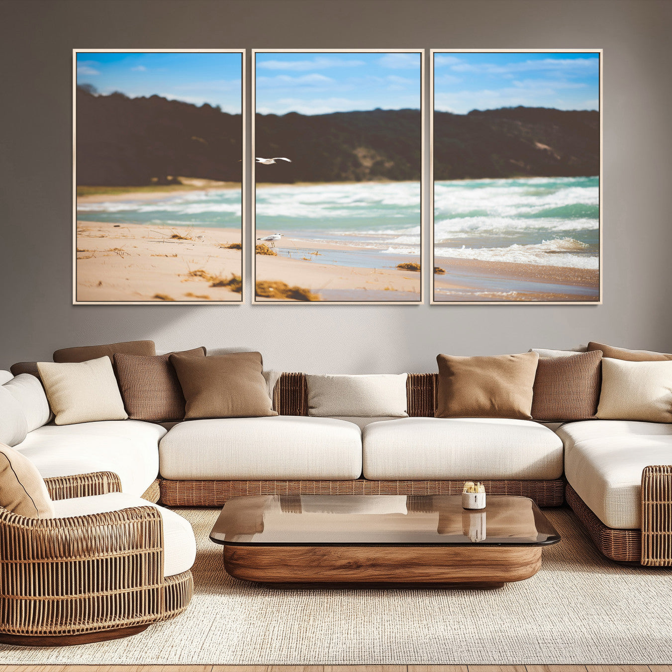 -Tranquil Beach Scene Wall Art Canvas Print – Framed Blue Ocean Waves Sandy Shore Coastal Nature Artwork for Home Office