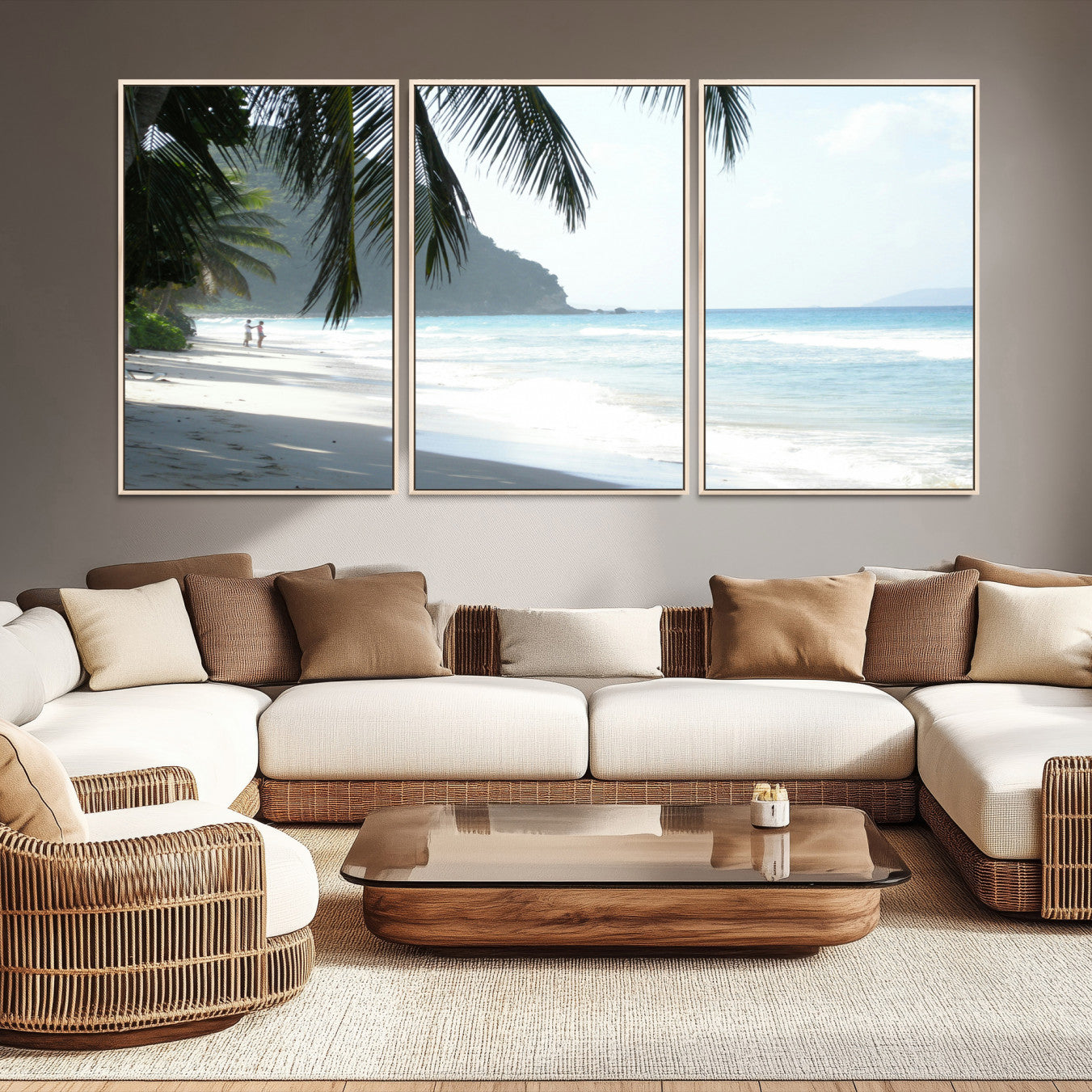 -Tropical Beach Wall Art Canvas Print – Framed Serene Ocean Scene Palm Tree Shadows Coastal Nature Artwork for Home Office