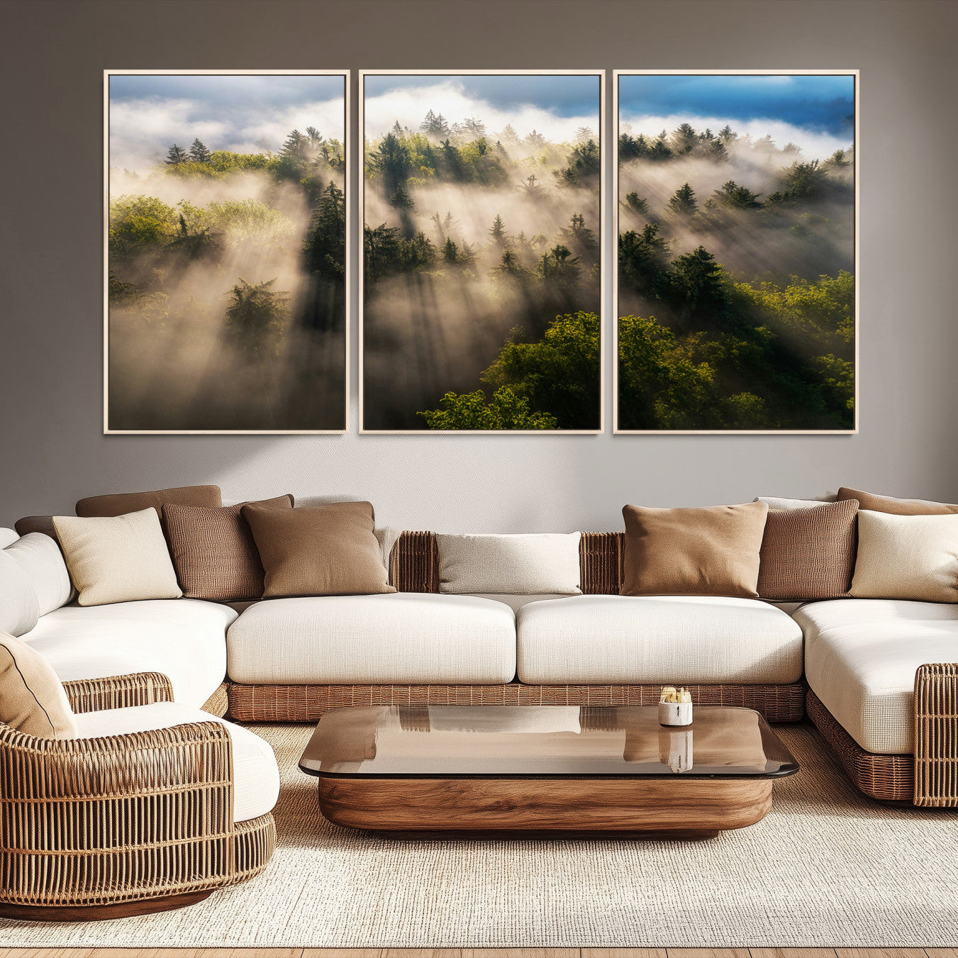 -Tranquil Forest Scene Wall Art Canvas Print – Framed Moody Sunbeam Through Trees Nature Artwork for Home Office