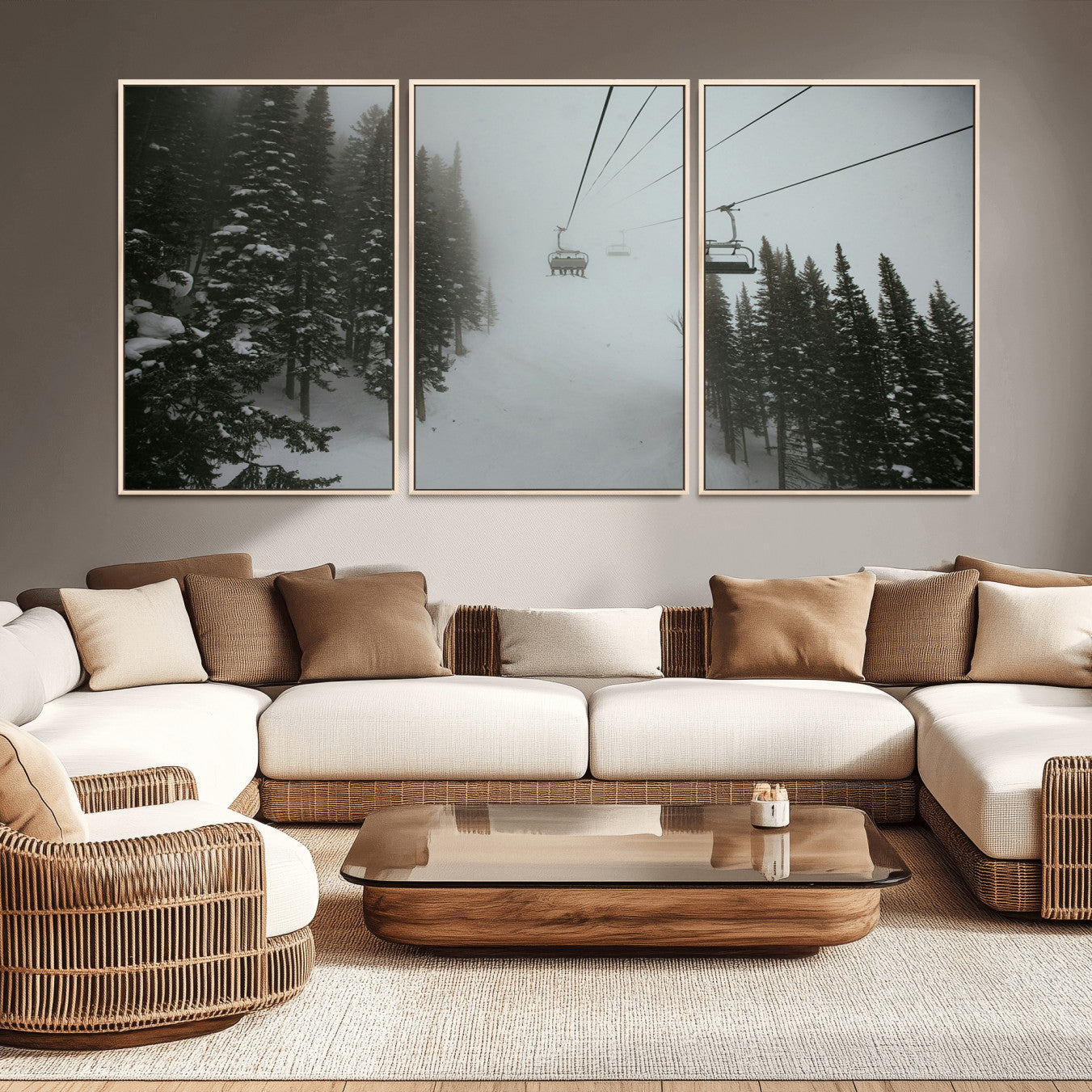 87018452-MGV-CV-36X24-Ski Lift Wall Art Canvas Print – Snowy Pines Misty Landscape Winter Serenity Artwork for Home, Office Decor