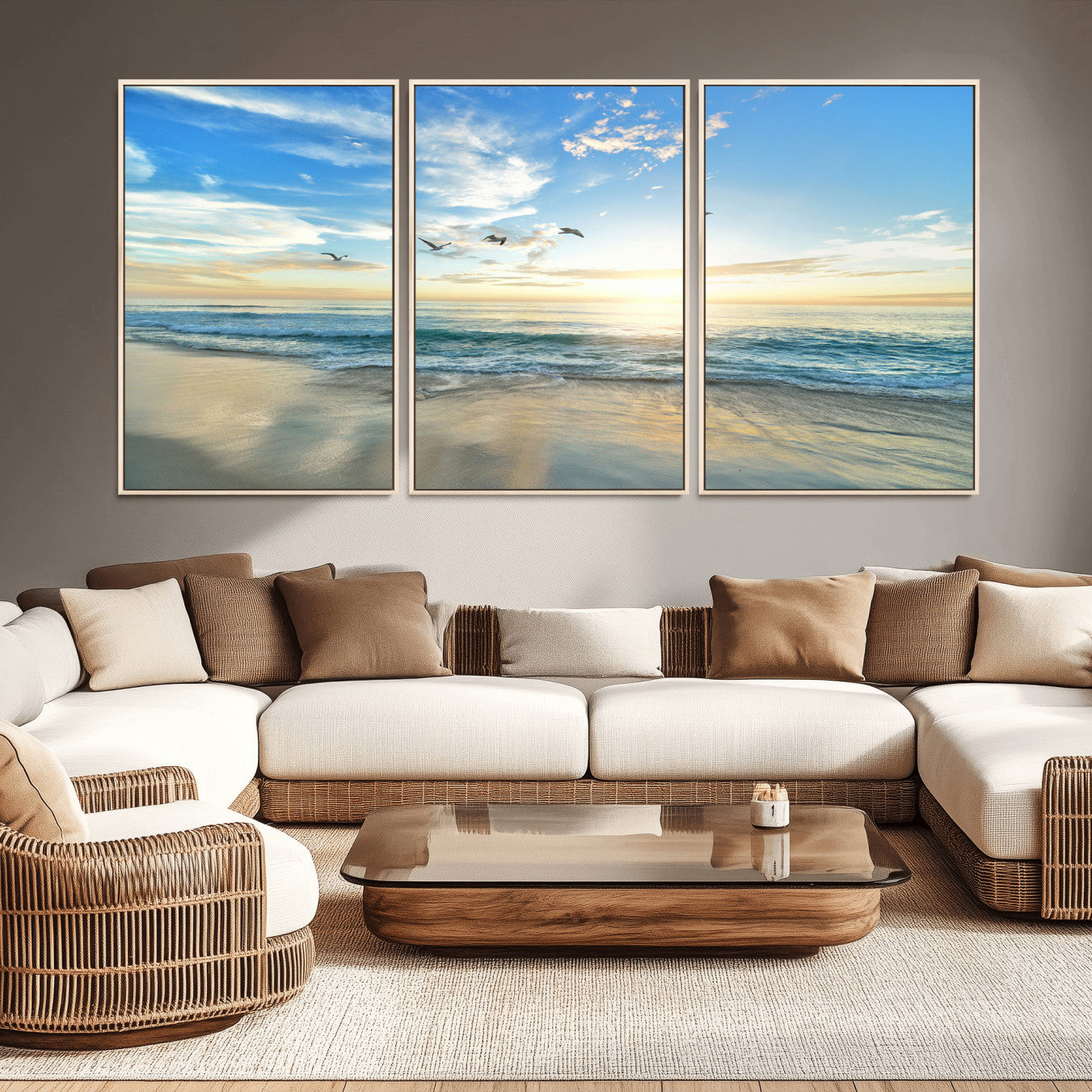 20708696-MGV-CV-36X24-Minimalist Seaside Wall Art Canvas Print – Morning Glow Golden Reflections Coastal Nature Artwork for Home, Office