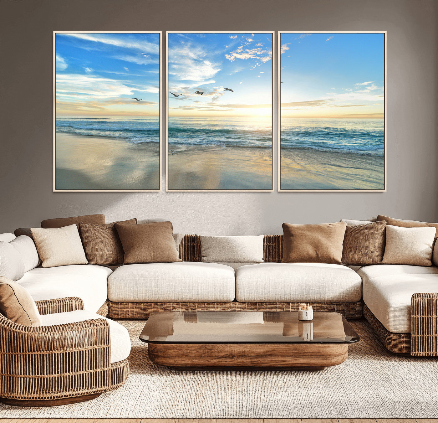 -Minimalist Seaside Wall Art Canvas Print – Morning Glow Golden Reflections Coastal Nature Artwork for Home, Office
