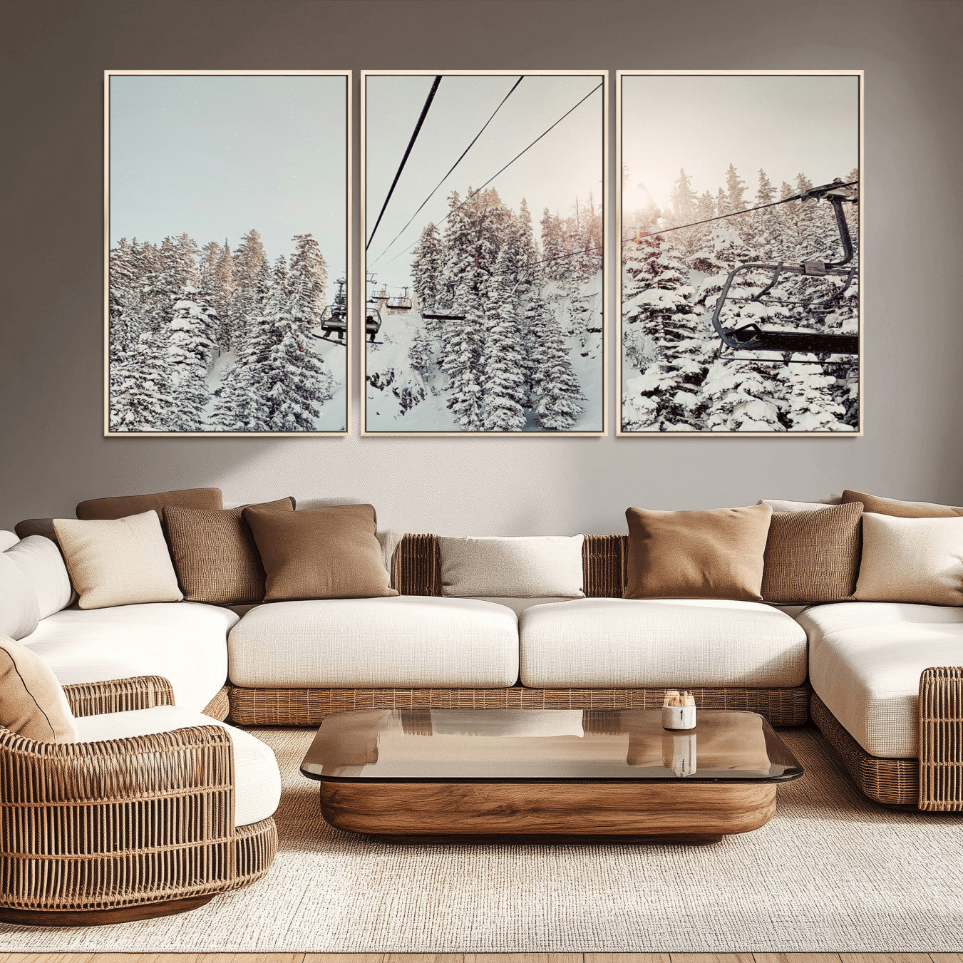 91534512-MGV-CV-36X24-Frosty Pines Wall Art Canvas Print – Framed Cozy Cabin Ski Lift Ride Winter Scene Artwork for Home Office