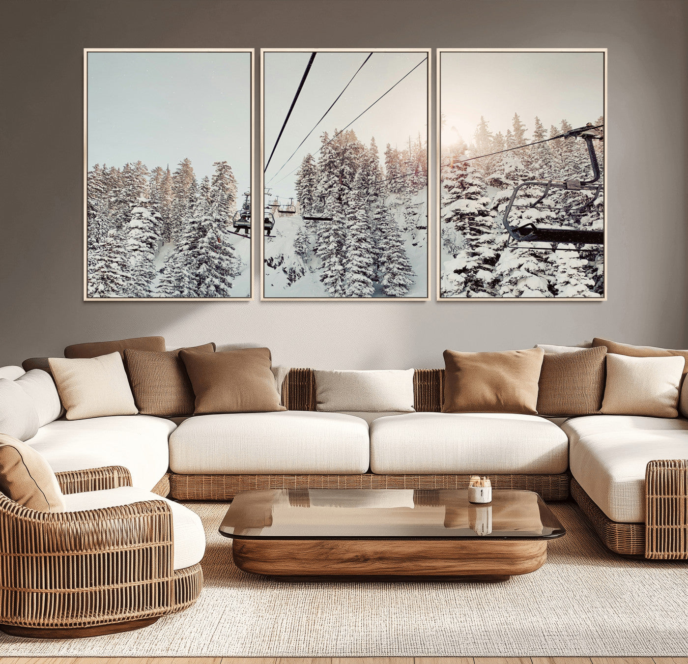 91534512-MGV-CV-36X24-Frosty Pines Wall Art Canvas Print – Framed Cozy Cabin Ski Lift Ride Winter Scene Artwork for Home Office