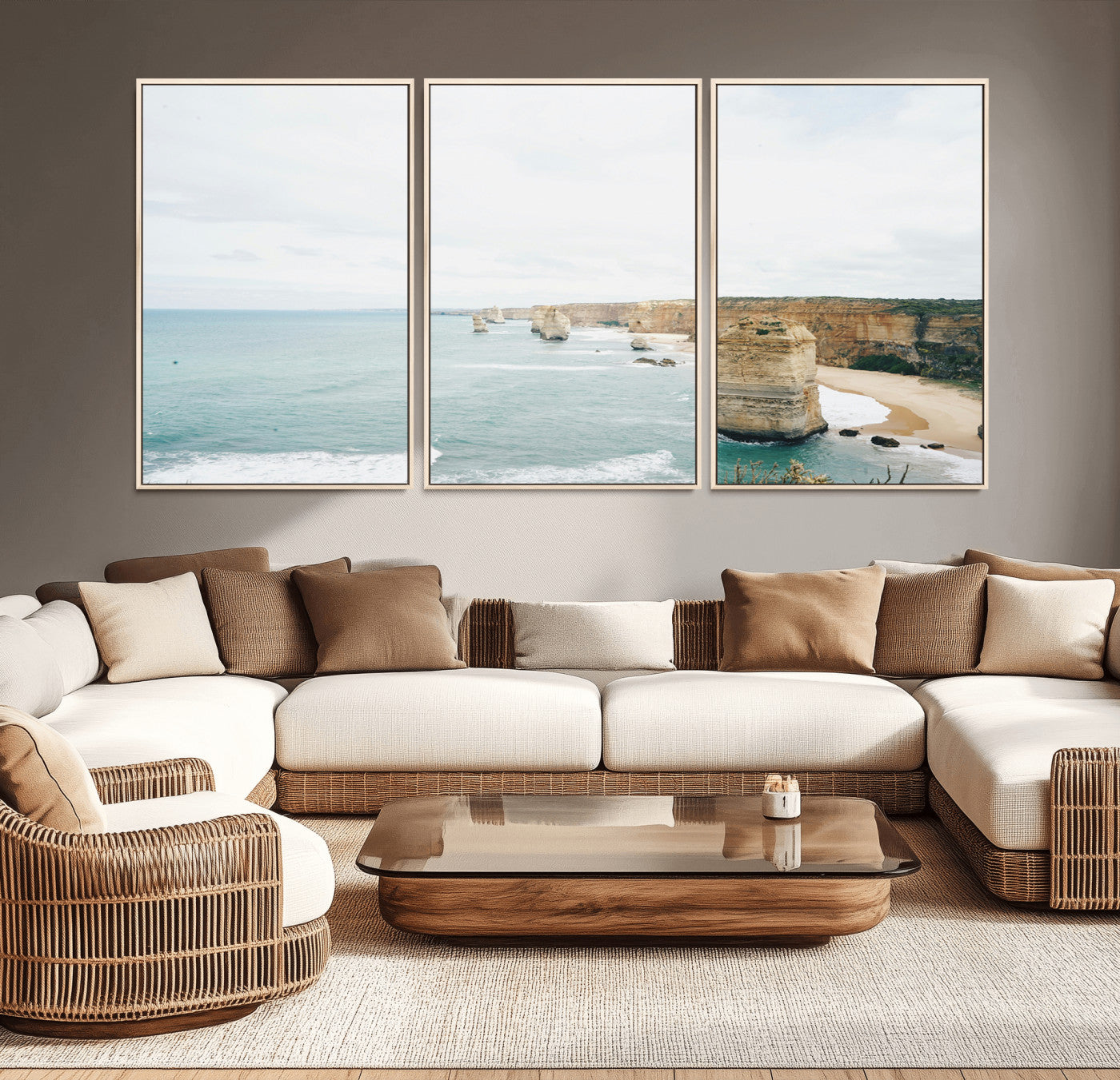 70095633-MGV-CV-36X24-Twelve Apostles Wall Art Canvas Print – Framed Coastal Cliffs Rugged Rock Formations Artwork for Home Office