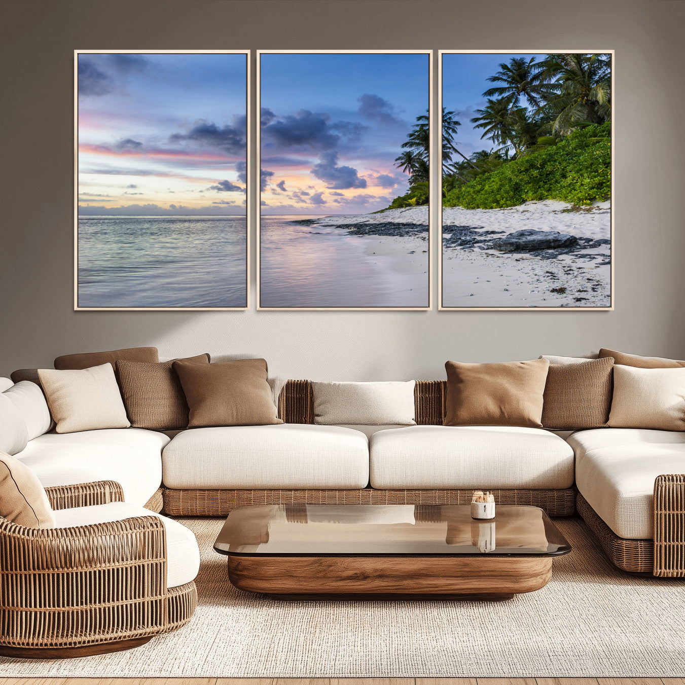 -Tropical Beach Wall Art Canvas Print, Framed Sunset Glow Art Picture Print, Palm Tree Coast Perfect Tropical Coastal Decor Artwork