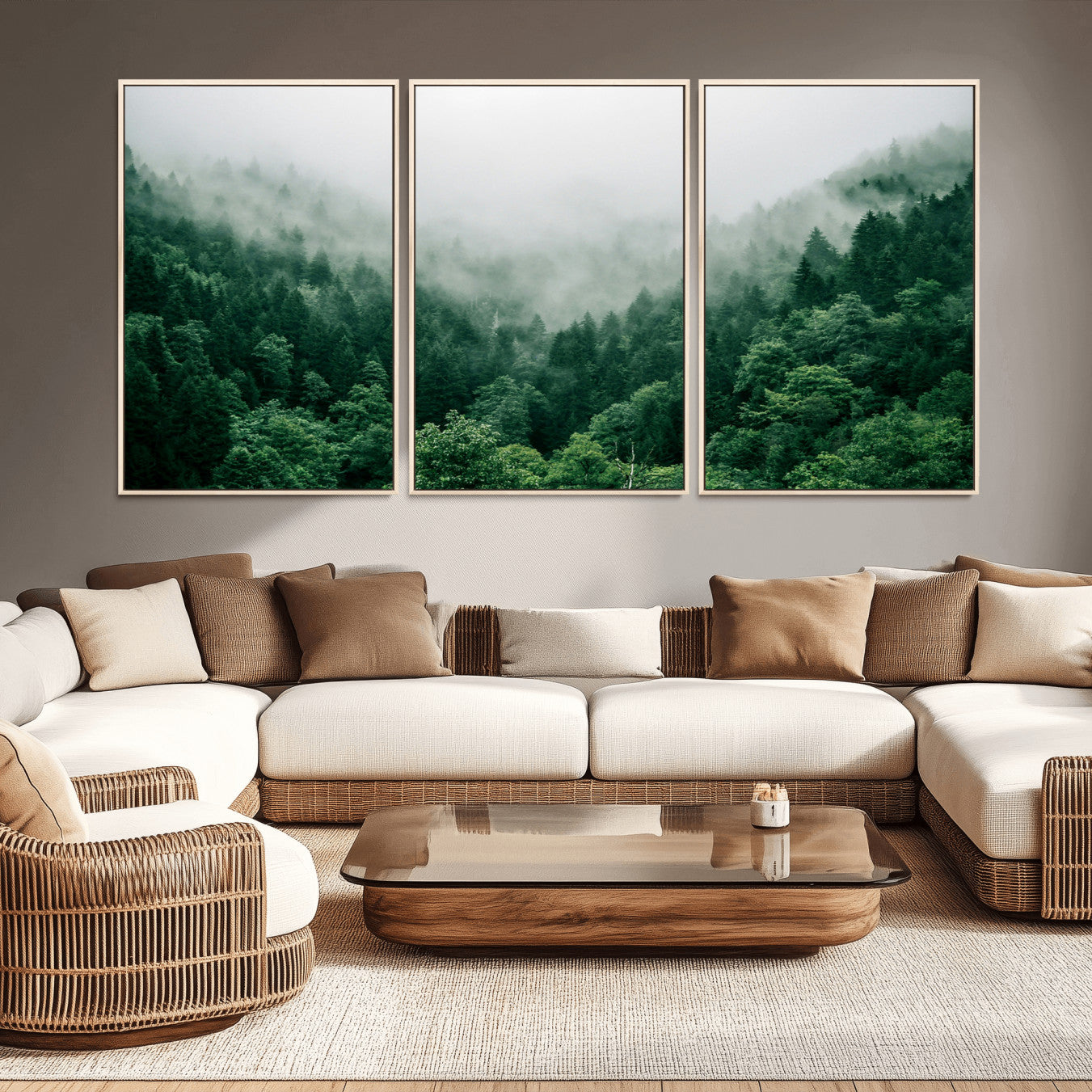 45265379-MGV-CV-36X24-Misty Green Forest Canvas Print – Framed Serene Foggy Pine Landscape Tranquil Nature Wall Art for Home, Office