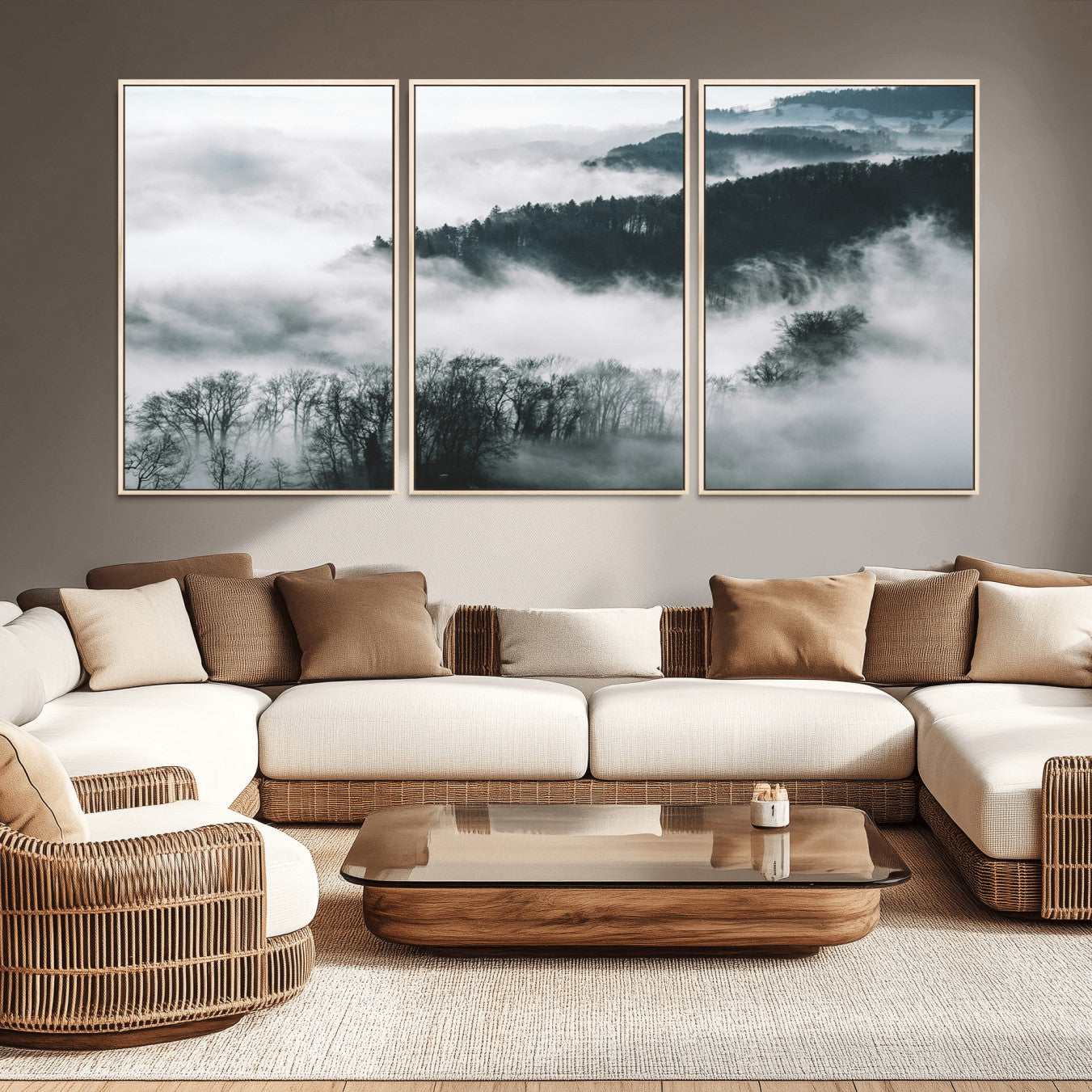 67569654-MGV-CV-36X24-Foggy Forest Landscape Wall Art Canvas Print – Misty Mountain Valley Scene Monochrome Tones Nature Artwork for Home Office