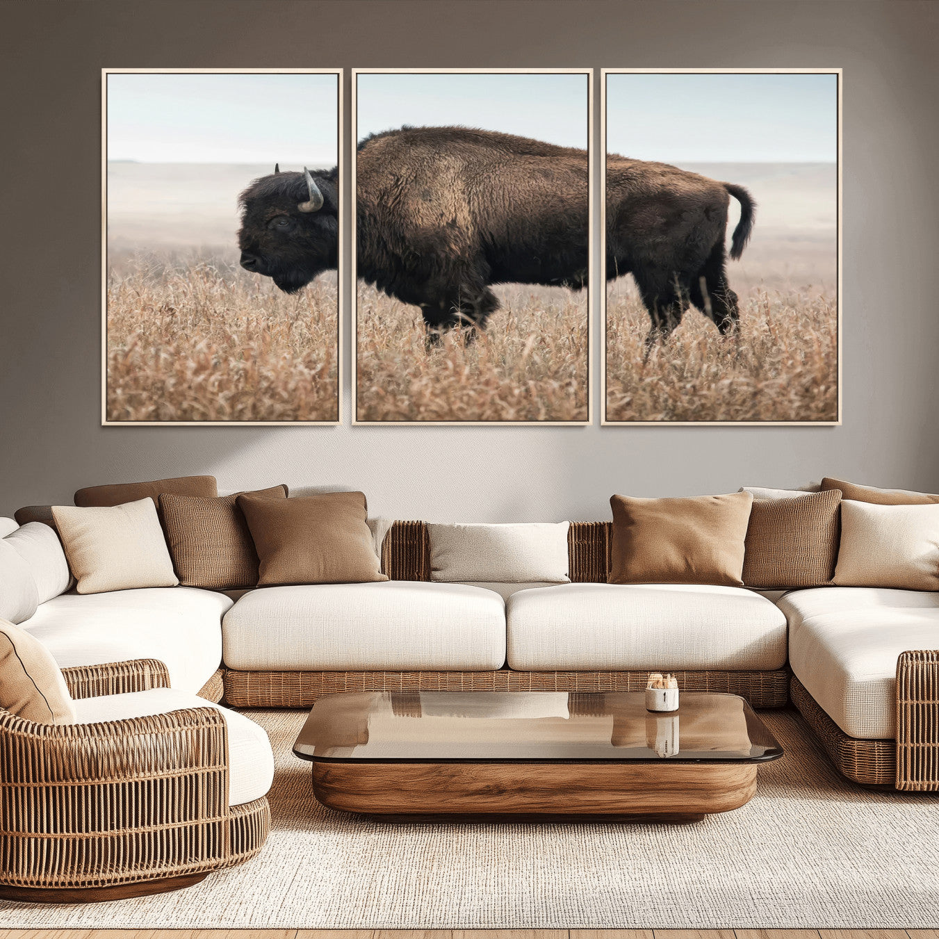 -American Bison Field Wall Art Canvas Print – Majestic Buffalo Grazing Wide Open Plains Wildlife Artwork for Home, Office