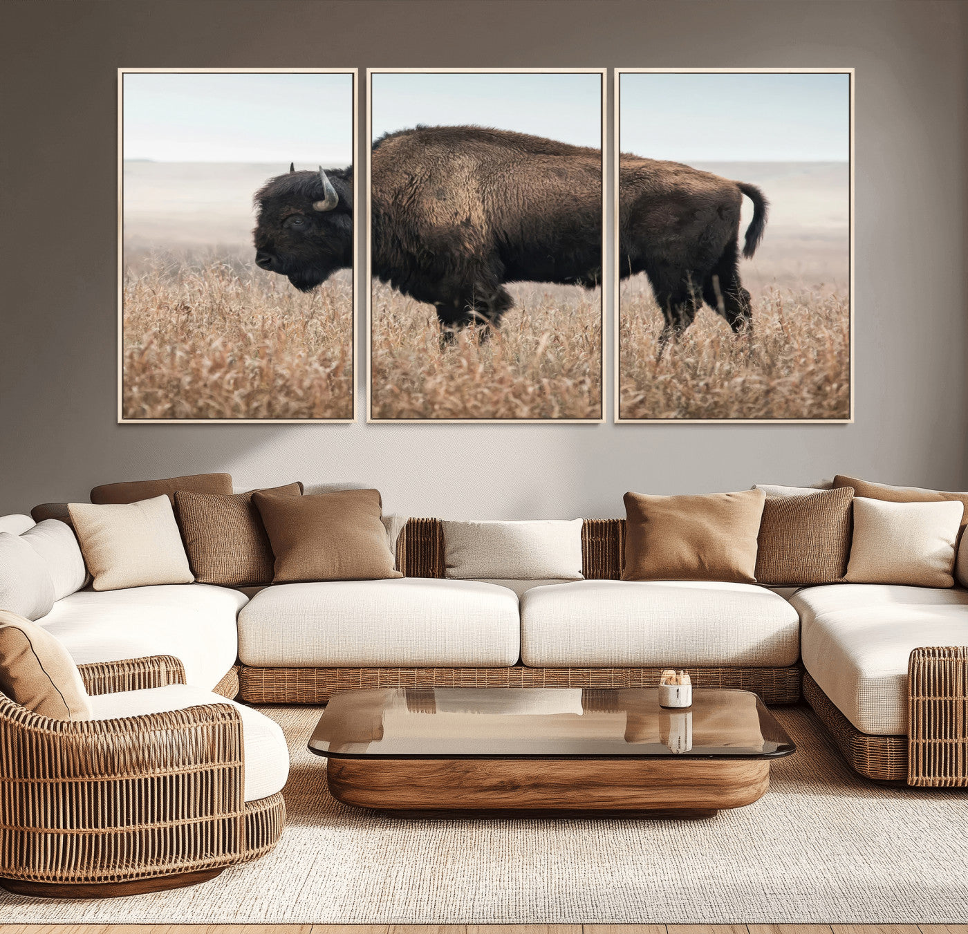 69909079-MGV-CV-36X24-American Bison Field Wall Art Canvas Print – Majestic Buffalo Grazing Wide Open Plains Wildlife Artwork for Home, Office
