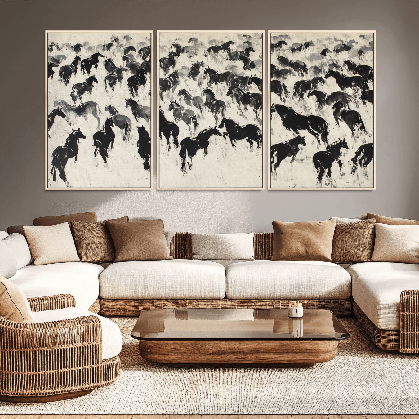 29265745-MGV-CV-36X24-Wild Horse Stampede Wall Art Canvas Print – Monochrome Running Horses Dynamic Motion Elegant Scene Artwork for Home, Office