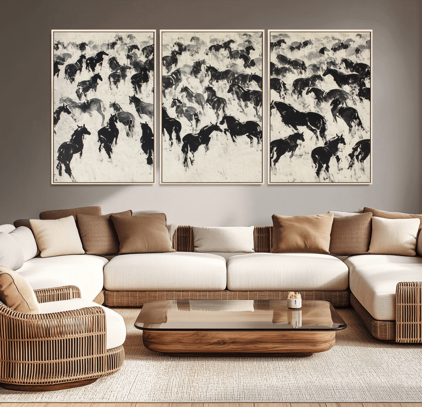 -Wild Horse Stampede Wall Art Canvas Print – Monochrome Running Horses Dynamic Motion Elegant Scene Artwork for Home, Office