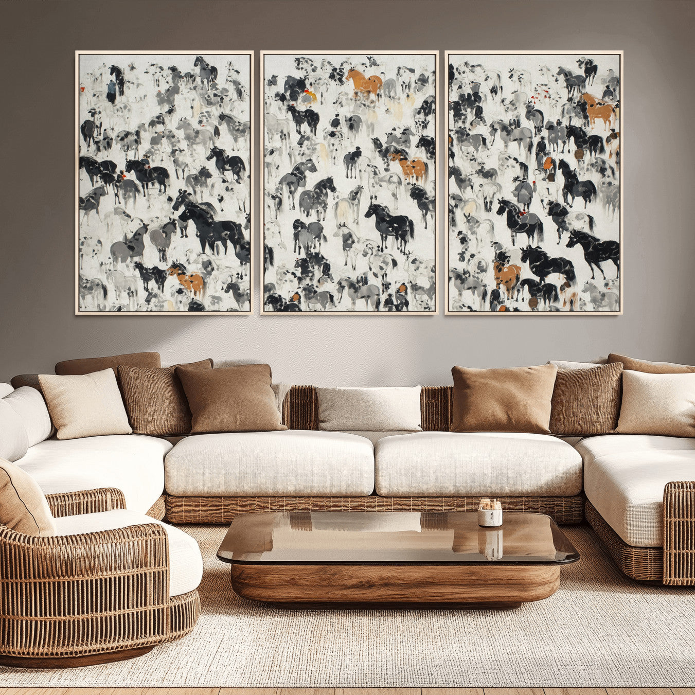 56463722-MGV-CV-36X24-Wild Horse Stampede Wall Art Canvas Print – Monochrome Running Horses Dynamic Motion Elegant Scene Artwork for Home, Office