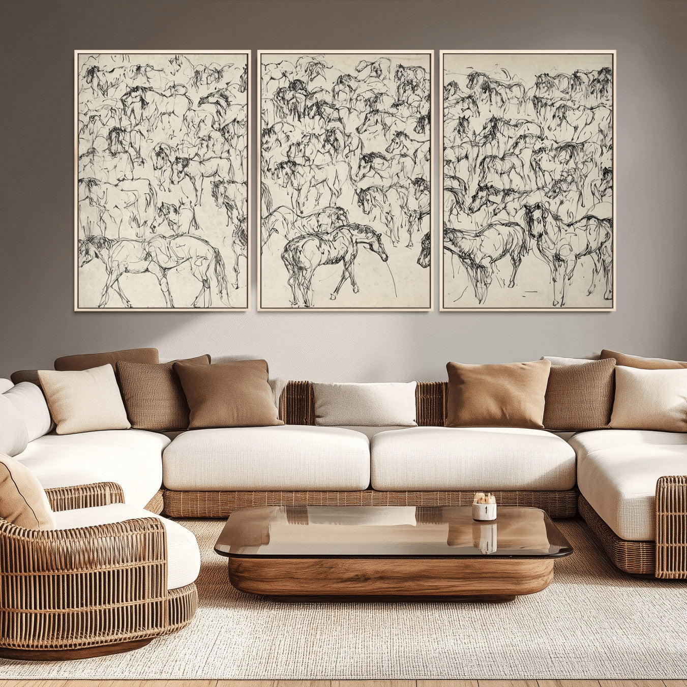 86653927-MGV-CV-36X24-Wild Horse Stampede Wall Art Canvas Print – Monochrome Running Horses Dynamic Motion Elegant Artwork for Home, Office