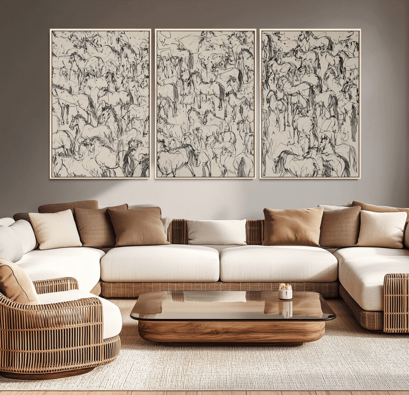 12358908-MGV-CV-36X24-Wild Horse Stampede Wall Art Canvas Print – Monochrome Running Horses Dynamic Motion Elegant Artwork for Home, Office