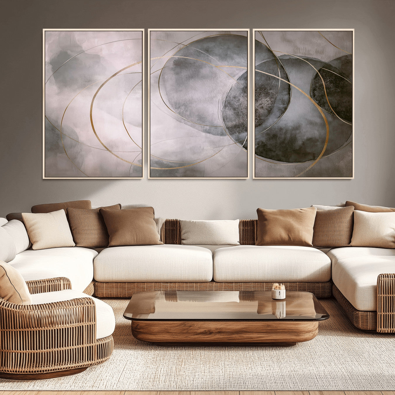 20066876-MGV-CV-36X24-Abstract Grey Gold Circle Wall Art – Modern Geometric Canvas Artwork, Minimal Elegant Design, Luxury Wall Decor for Home, Office