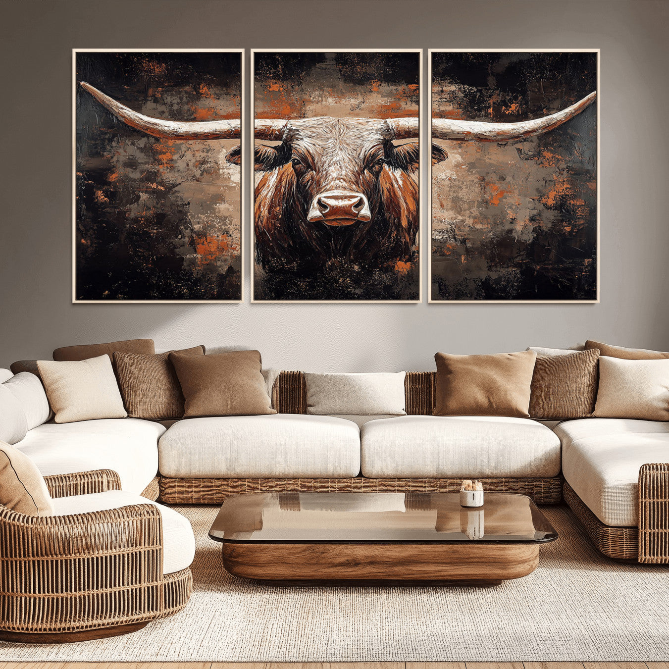 -Rustic Longhorn Bull Wall Art Canvas Print – Vintage Western Cattle Scene, Texas Steer Artwork for Home, Office