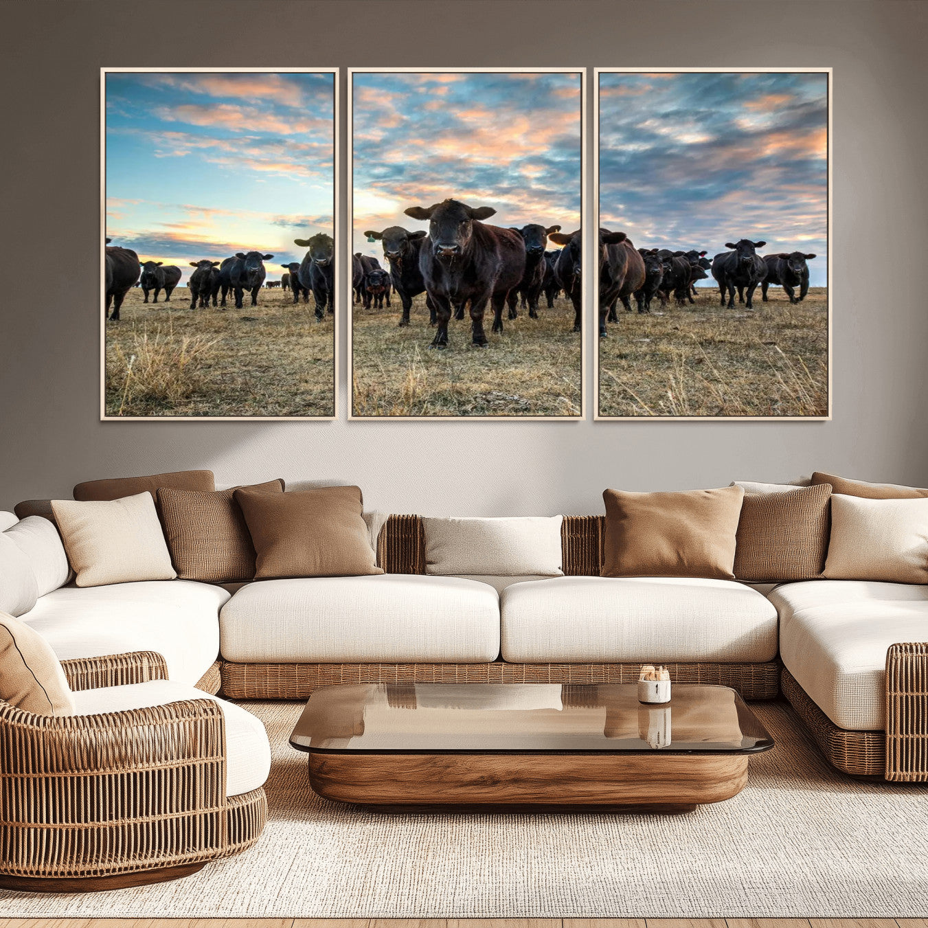 -Texas Longhorn Cattle Wall Art Canvas Print – Rustic Western Ranch Scene with Steers Sunset for Home, Office